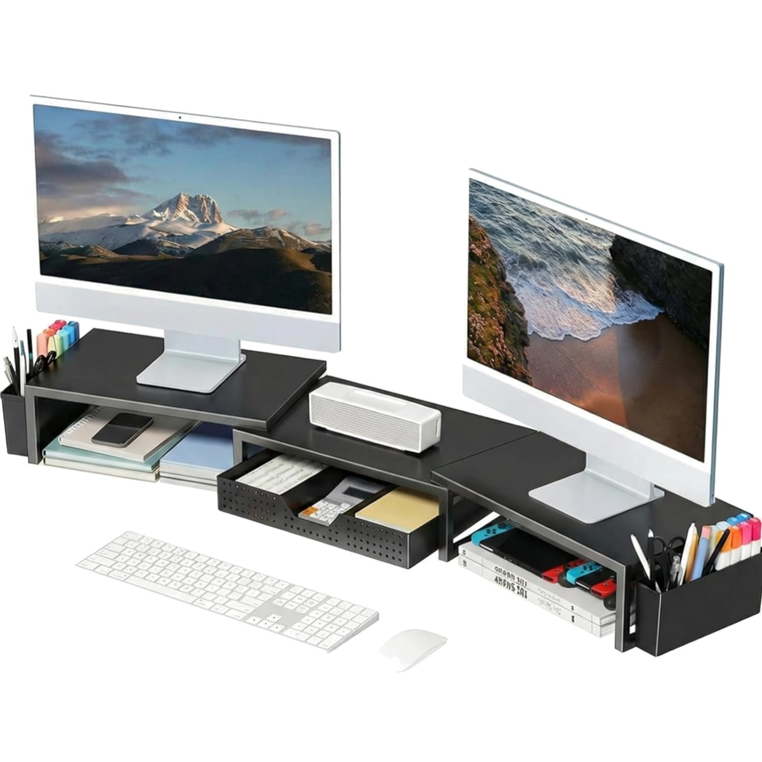 Ergonomic Dual Monitor Riser with Drawer & 2 Pen Holders – Maximize Desk Space