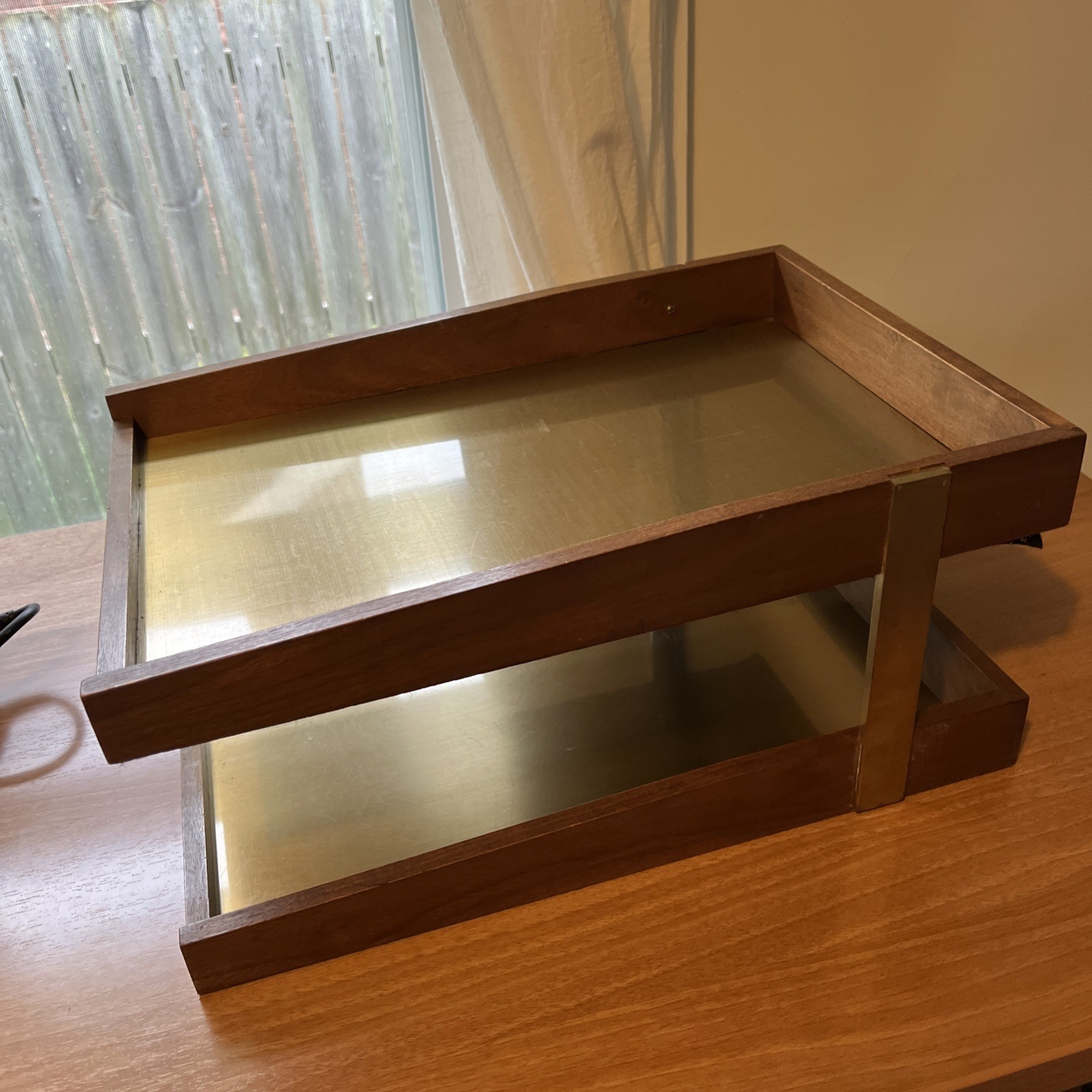 Vintage Duk-it 2 Two tier Wood Desk Organizer Letter Tray In/Out Box MCM Felt