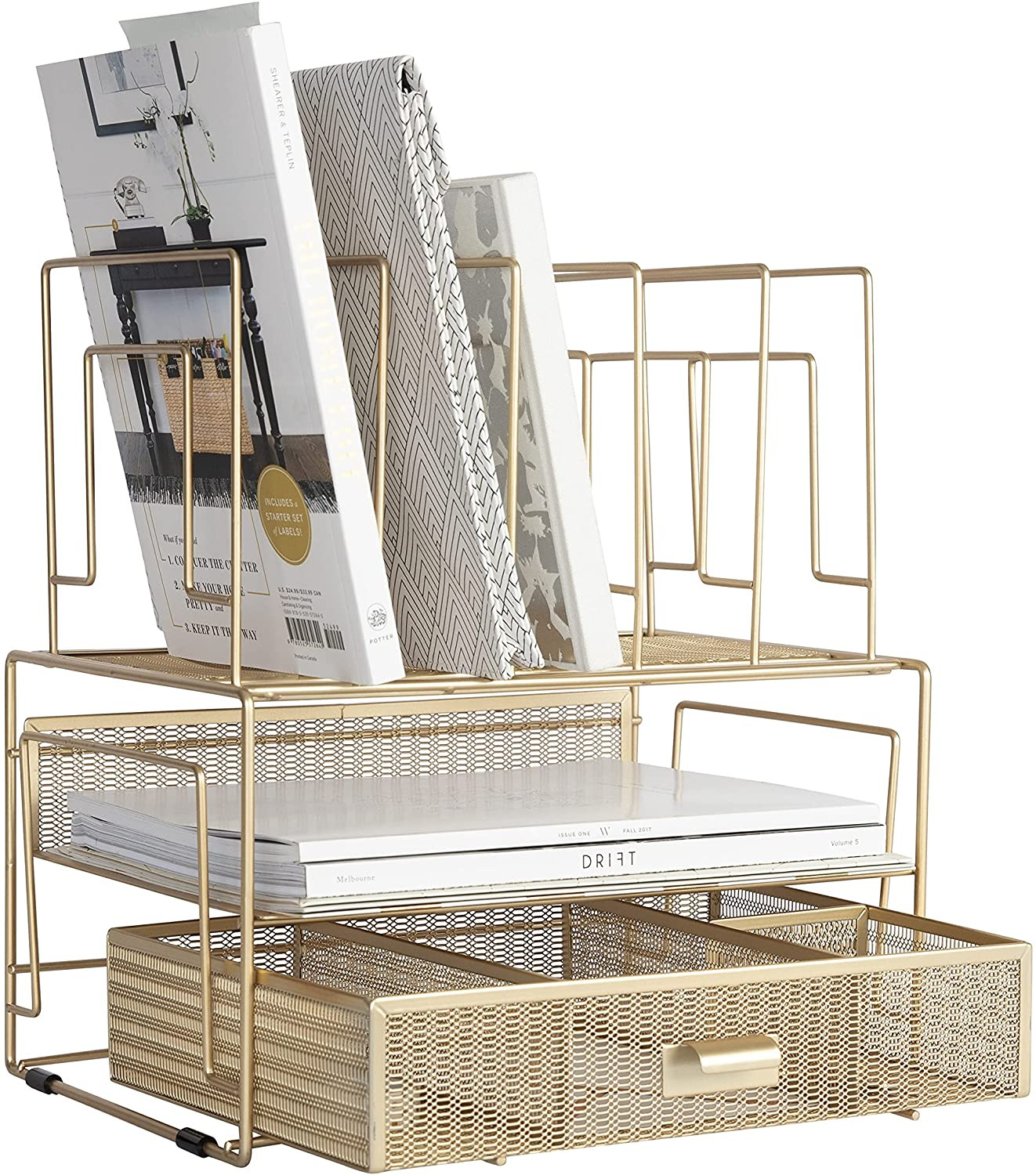 | Gold Desk Organizer with Drawer | Metal Mesh File Holder & Vertical File Organ