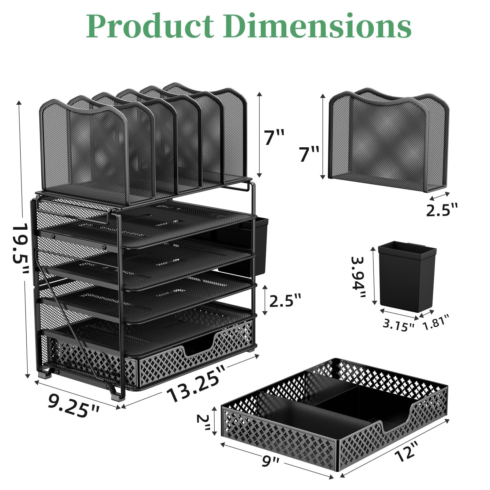 5 Tier Mesh Desk File Organizer 13.25”W x 9.25”D x 19.5”H – Sliding Drawer