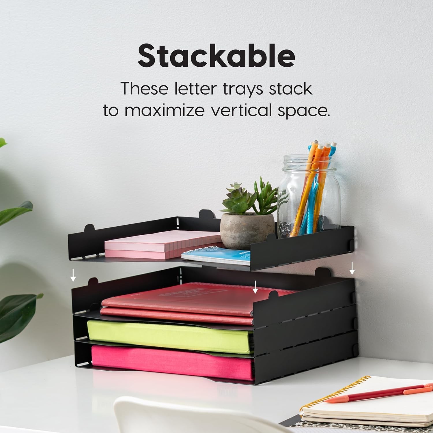 IRIS USA 4 Pack Metal Letter Tray Paper Organizer Stackable File Holder Black