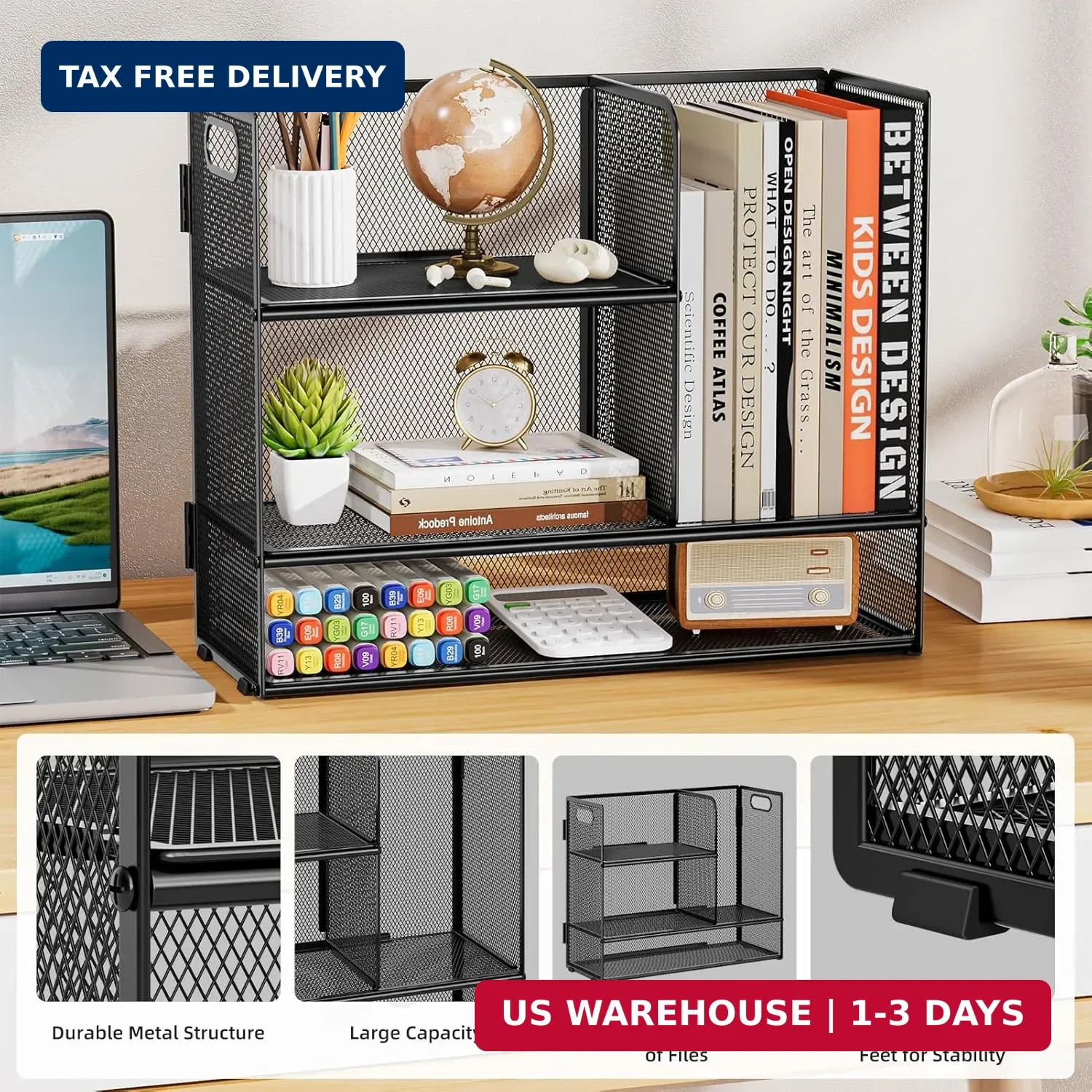 Marbrasse 3-Tier Desk Shelf Organizer with Handle, Desktop Bookshelf File Holder