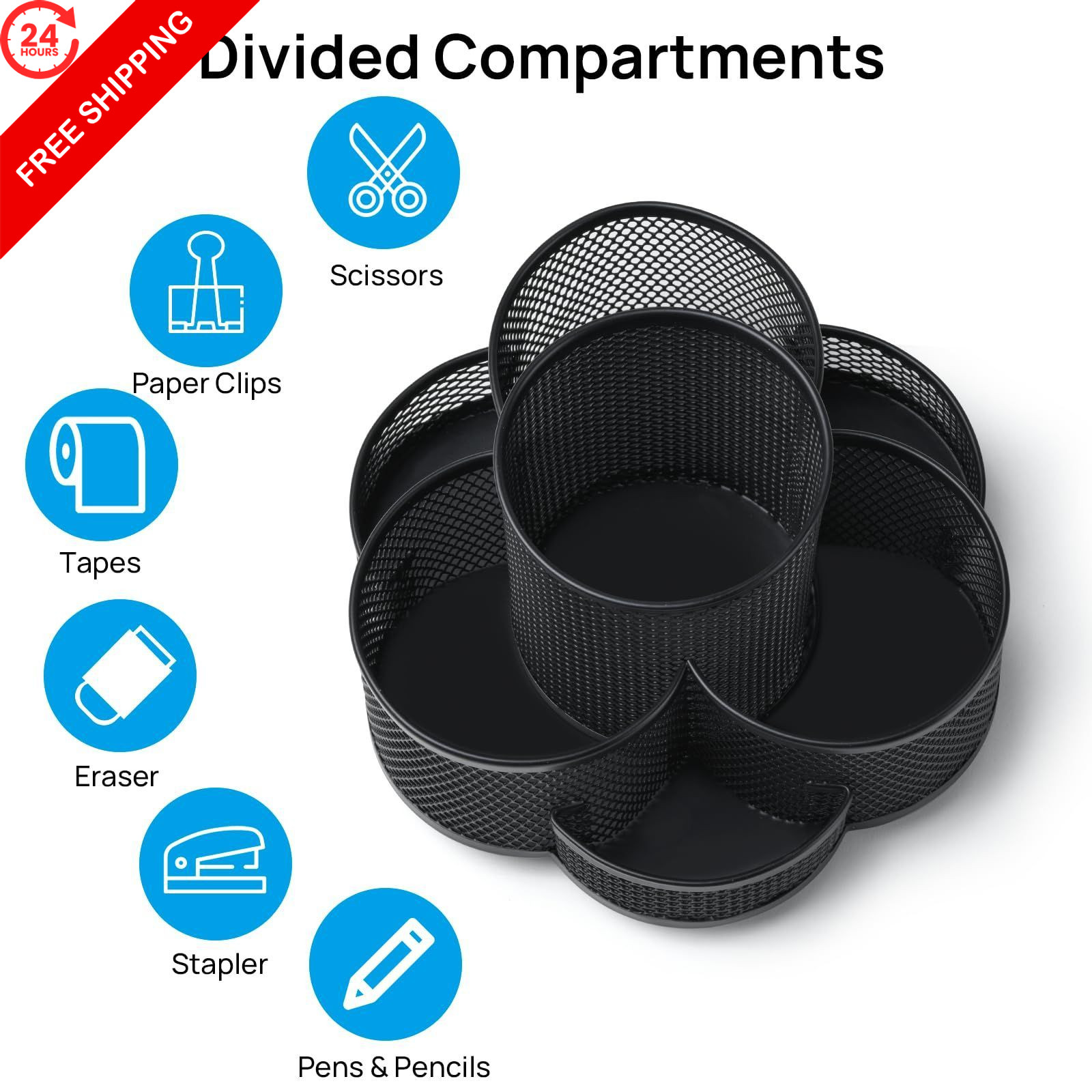 Topwey Pen Holder for Desk, 360 Rotating Pencil Holder, Cup Black