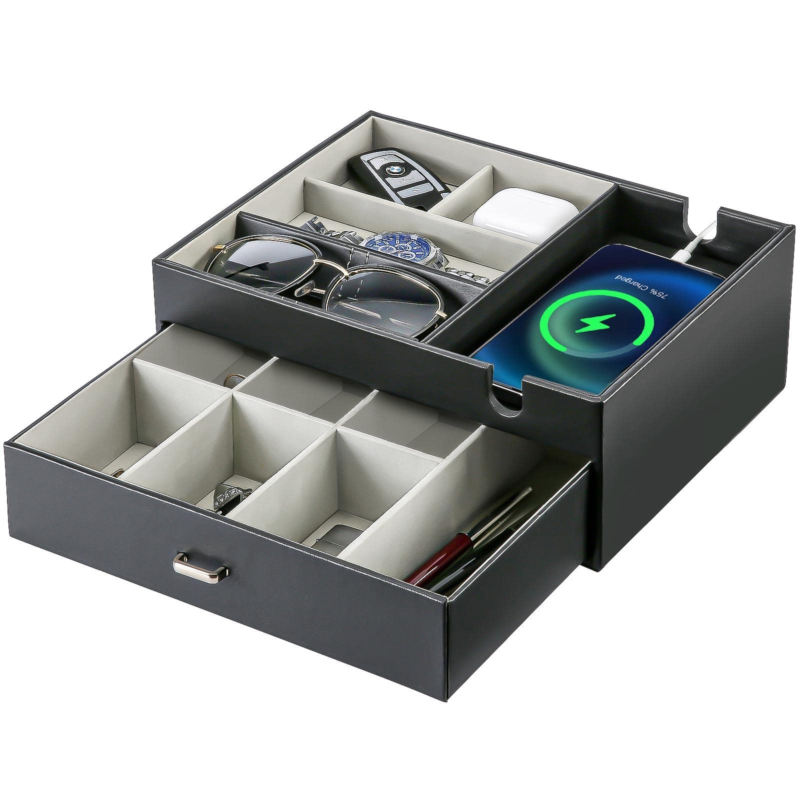 ProCase 2 Layers Valet Tray Gift for Men, 7.87″D x 10.63″W x 4.72″H, Black