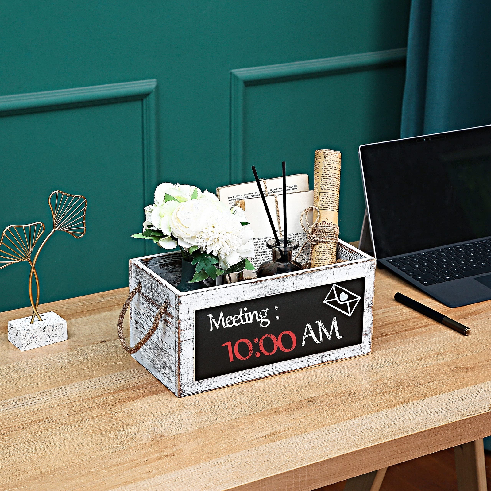Rustic Wood Mail Holder Box Letter Organizer Chalkboard Handles Desk White