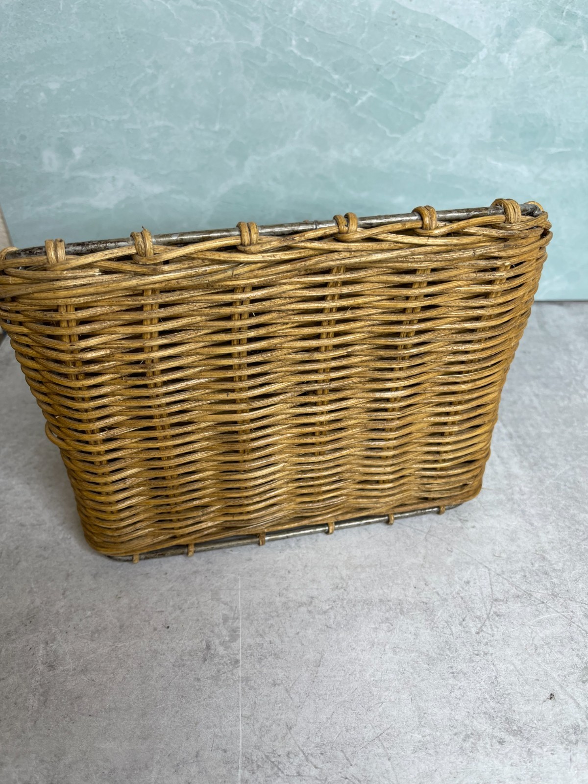 Vintage Wicker Mail Organizer Desk Letter Pen Makeup Brush Utensil Holder Vanity