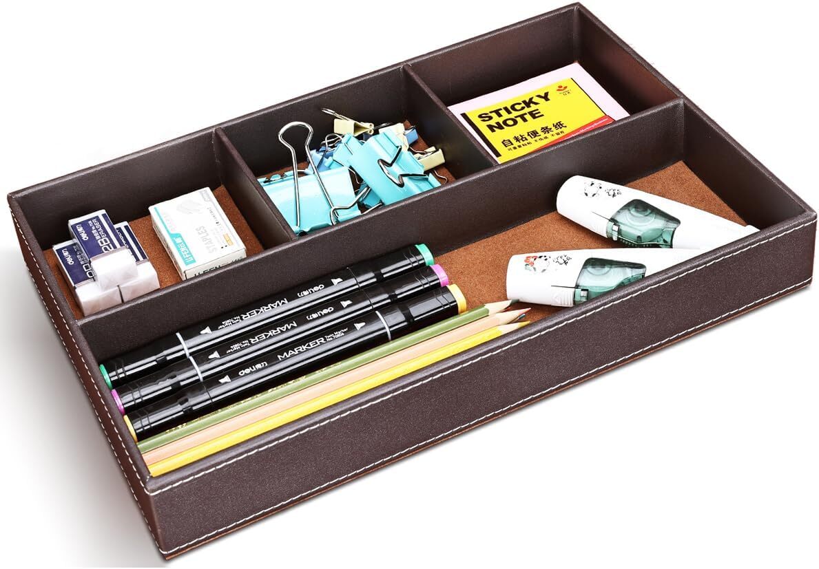 Pu Leather Desk Organizer Tray, 4 Compartment Office Storage Supplies Station…