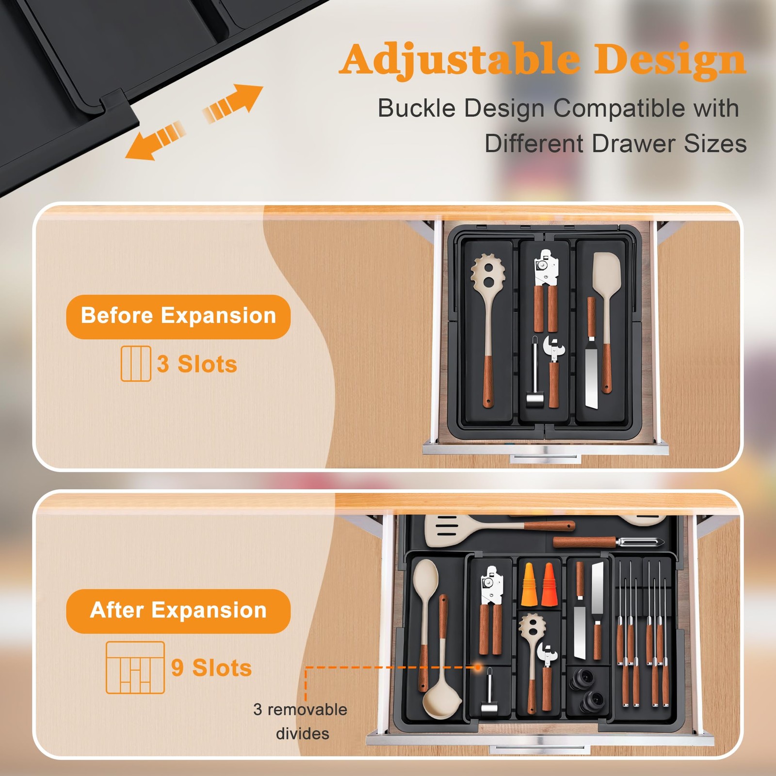 Large Utensil Drawer Organizer for Kitchen, Expandable Silverware Black