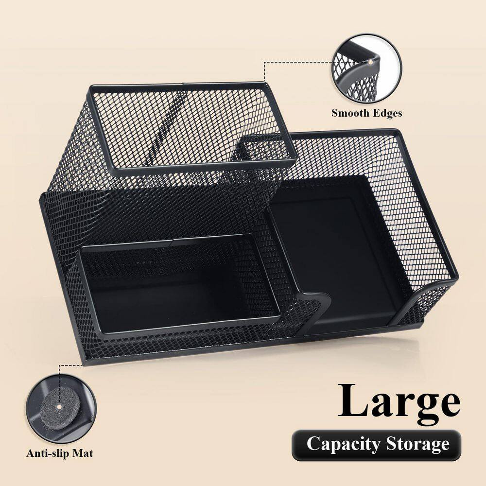 Black 8 In. X 11.22 In. Metal Mesh Pen Holder Desk Organizer with Sticky Notes H