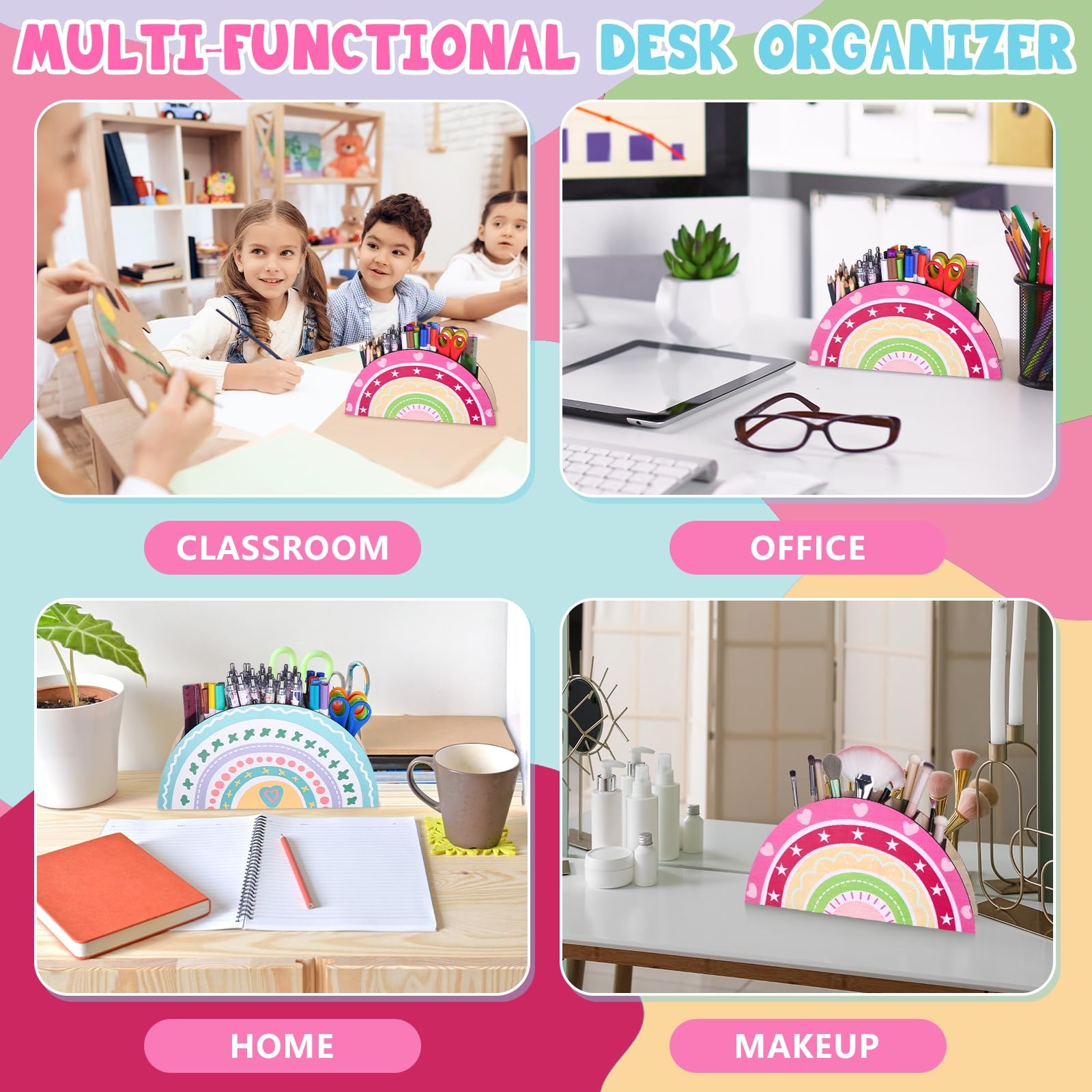 2 Pcs Rainbow Pencil Holder Rainbow Wooden Desk Organizer Boho Decorative Pen…