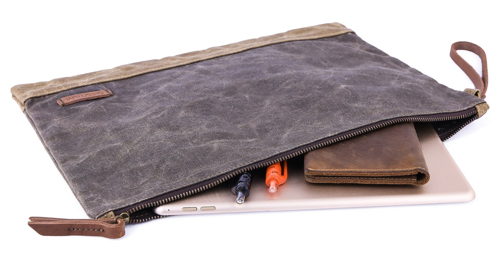 Waxed Canvas Zip Folio Pencil Pouch – Office Supply Zippered Makeup Bag Multi…