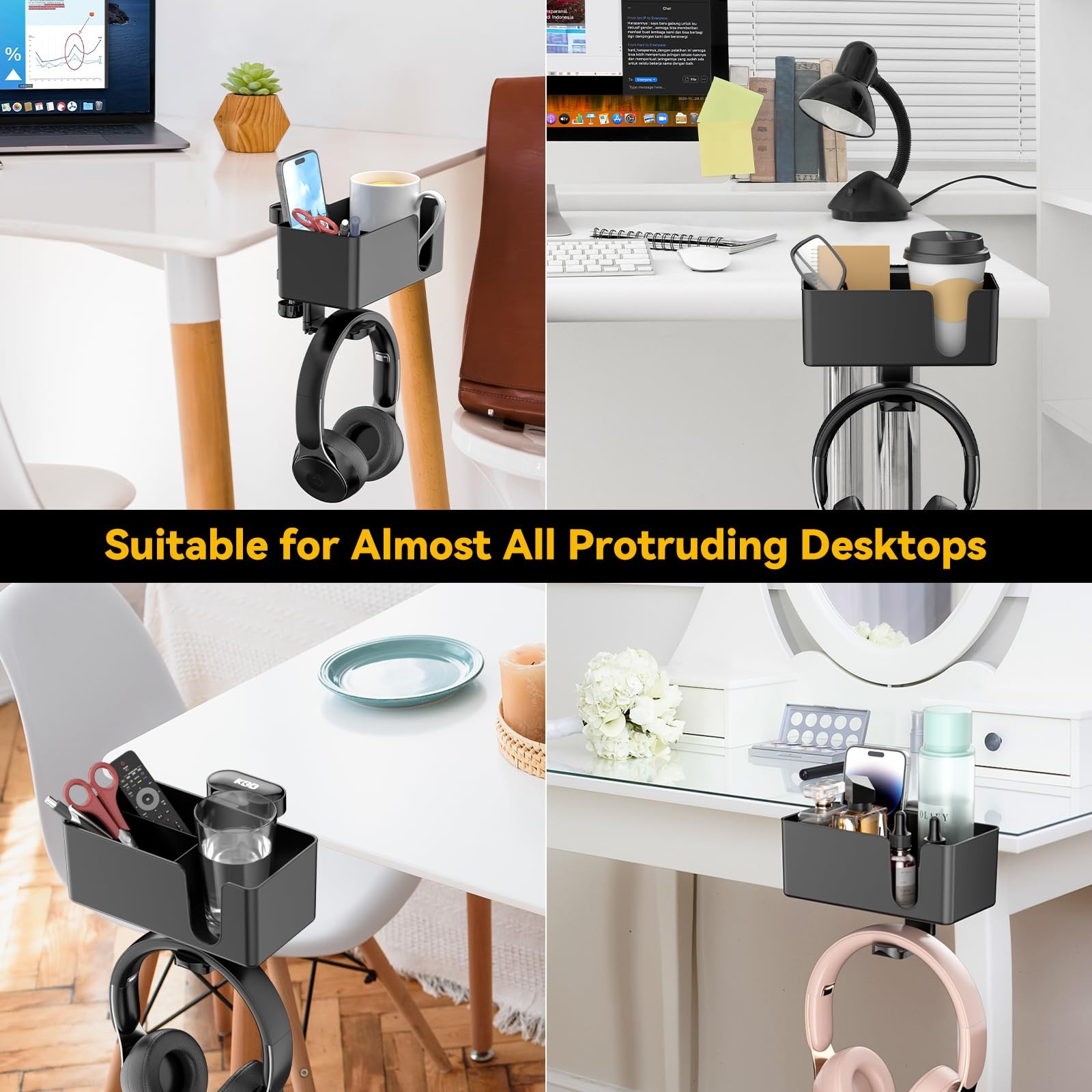 4 in 1 Desk Cup Holder – Clamp on Under Desk Headphone Hanger – Rotating Head…