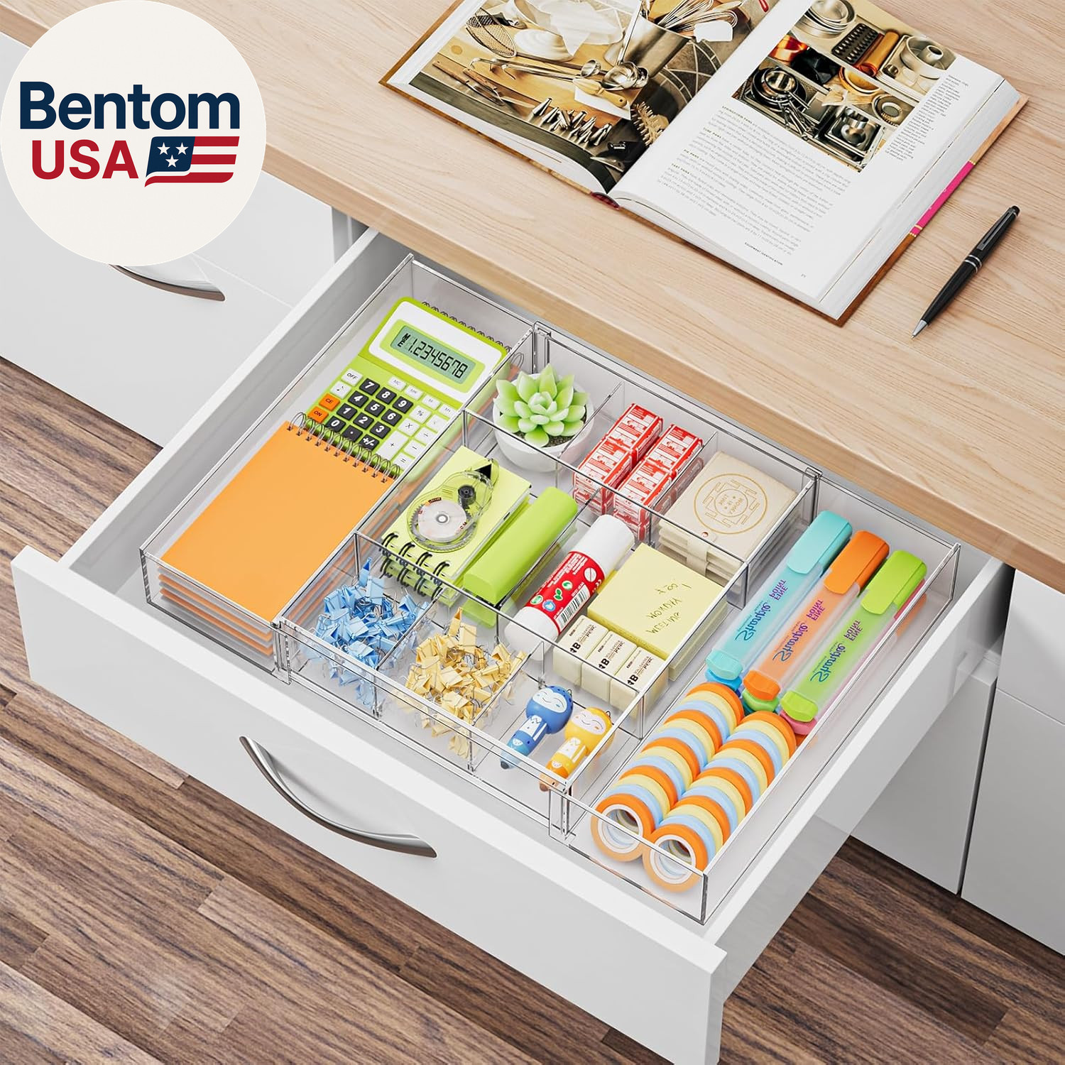 Expandable Desk Drawer Organizer, Clear Plastic Drawer Organizer Tray with 10 Ad