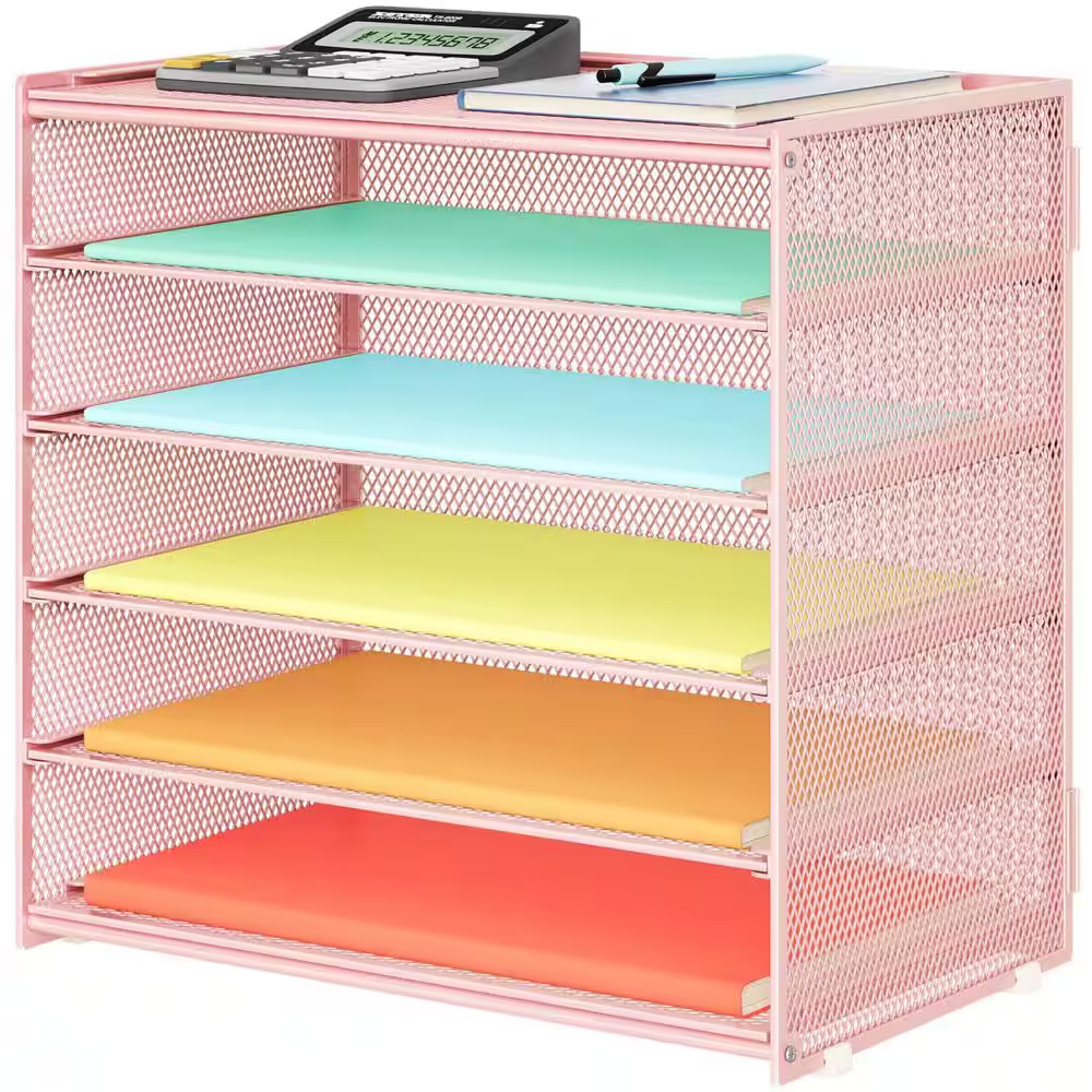 12.5 in X 13.25 in Pink Metal Paper Organizer Storage 6 Tier Letter Tray Desk Fi