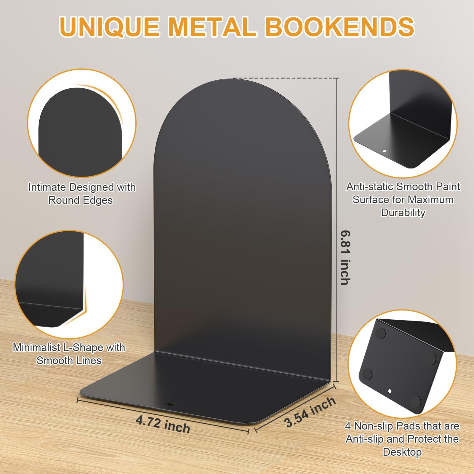 ALOTCHE Bookends 1 Pair, Metal Round for Shelves, Book Ends Black