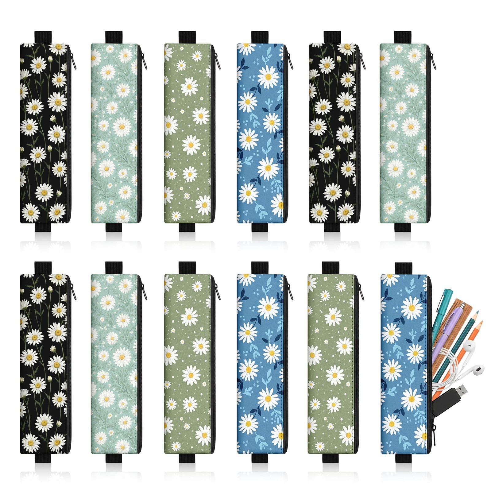 12 Pack Elastic Pen Holder for Notebook, Daisy Floral Boho, PU Leather Book P…