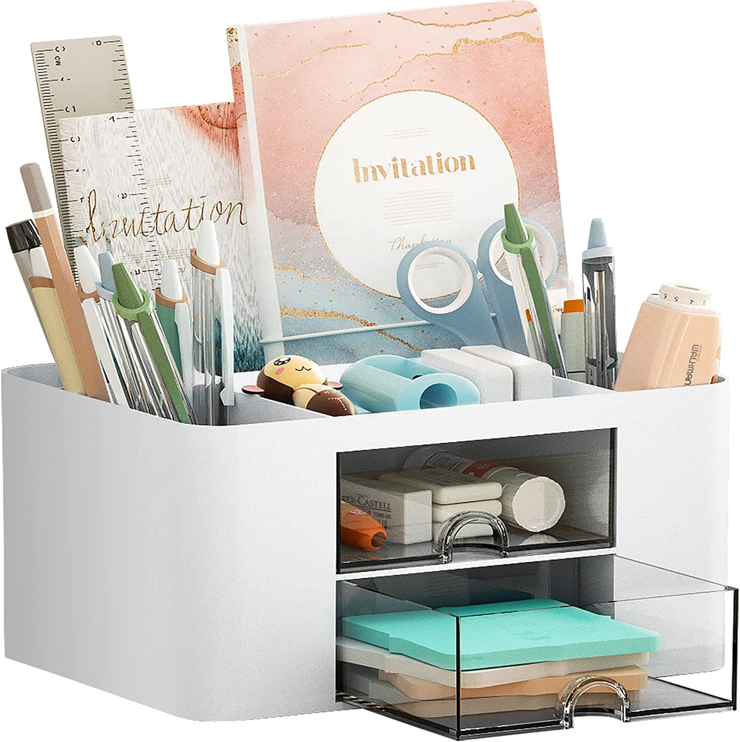 Desk Pen Organizer: 2 Drawer 5 Compartments+Drawer Office&Art Supplies (White)