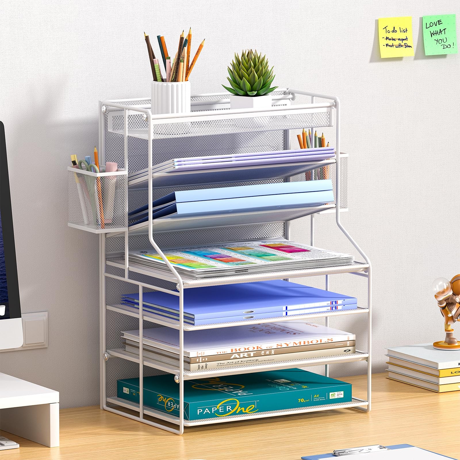 7 Tier Desk File Organizer Adjustable Shelves Pull-Out Drawer Pen Holder White