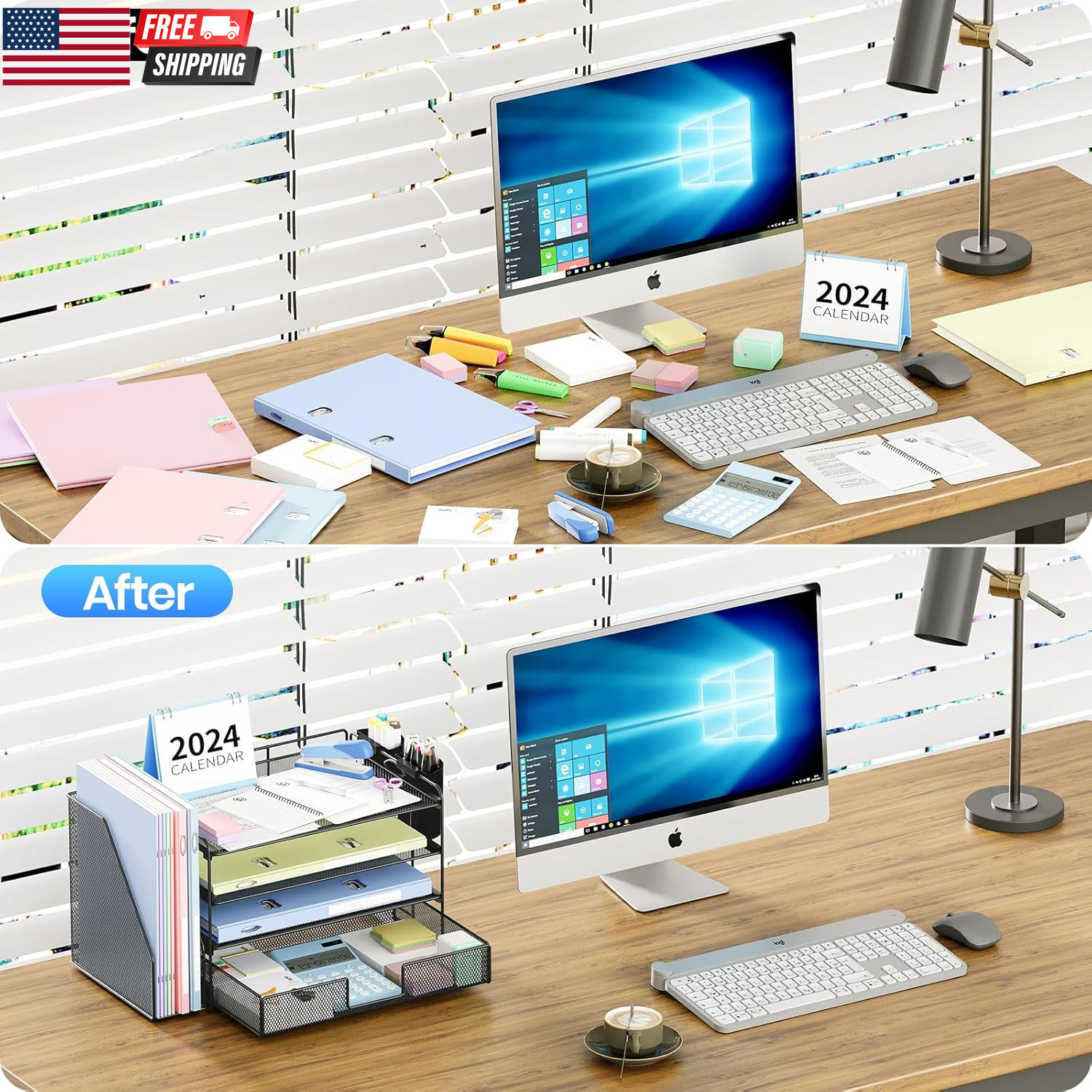 Desk Organizer, 5-Tier Paper File Organizer with Drawer & Pen Holder, Office Des
