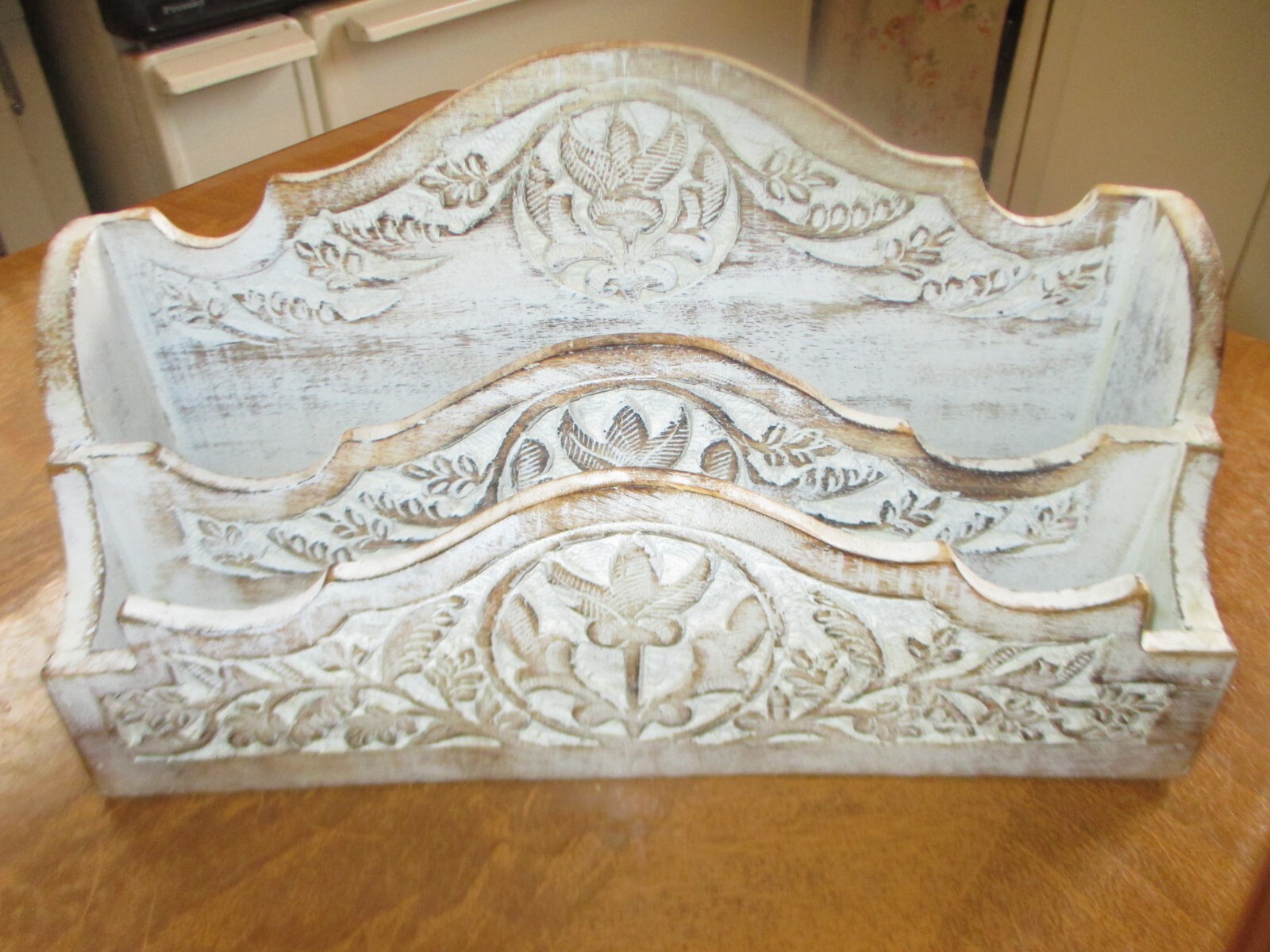 Desk Organizer 2 section Holder Distressed Wood Mail Letter Caddy Made in India