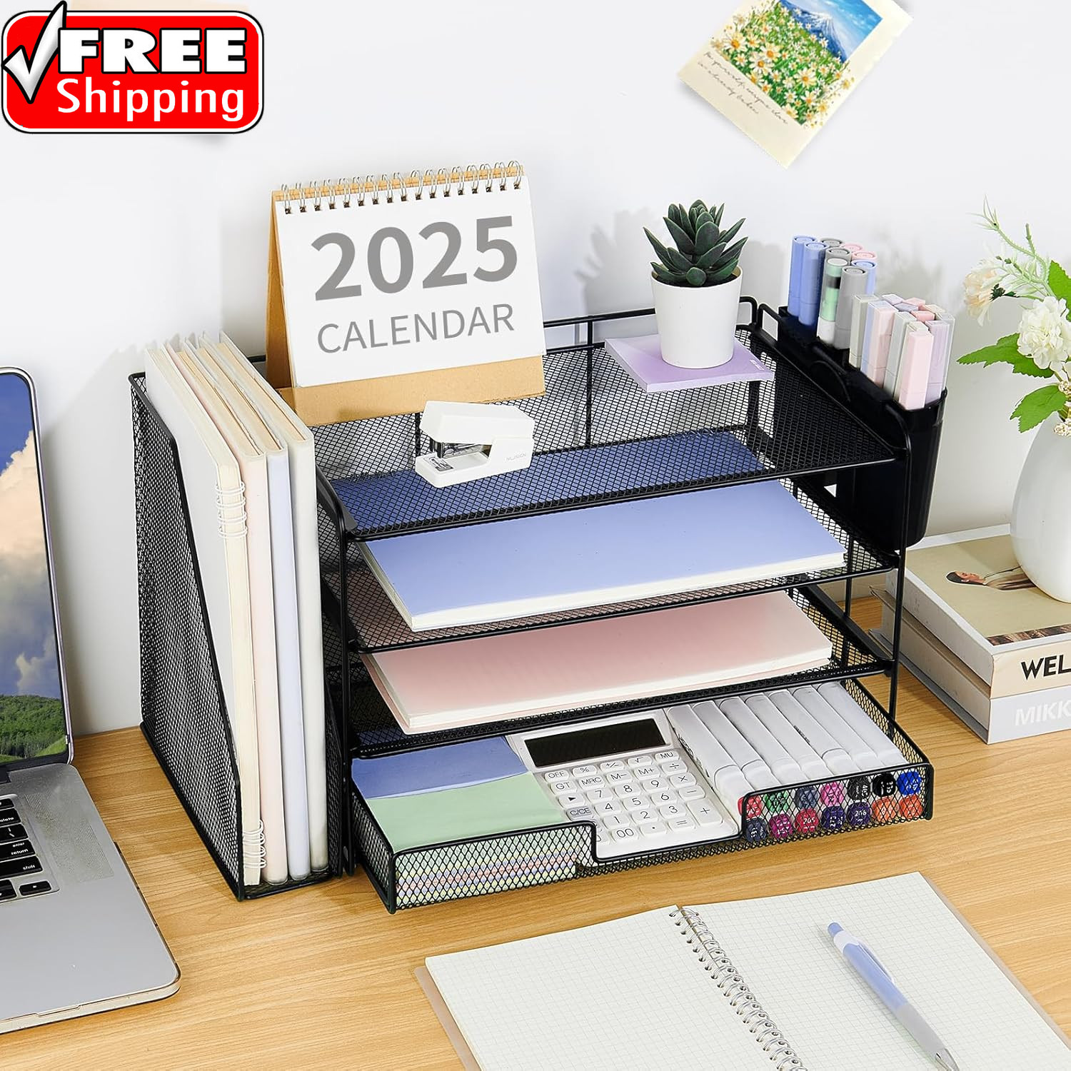 Desk Organizer, 4-Tier Desktop File Organizer with Drawer and 2 Pen Holders, Off