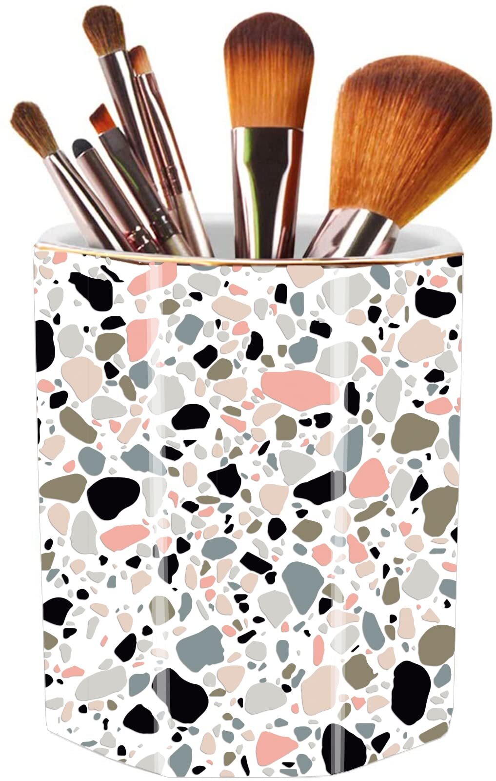 Pen Holder Makeup Brush Holder Ceramic Shiny Gold Terrazzo Marble Stone Patte…
