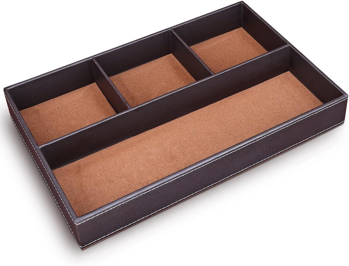 Pu Leather Desk Organizer Tray, 4 Compartment Office Storage Supplies Station…