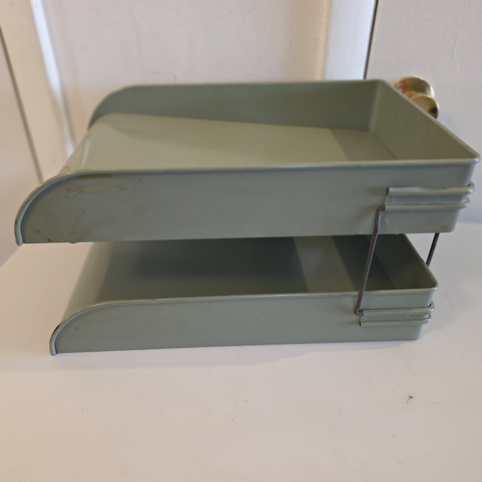 Vintage Globe-Wernicke 2 Tier Metal Paper Tray File Organizer Vintage Gray Green