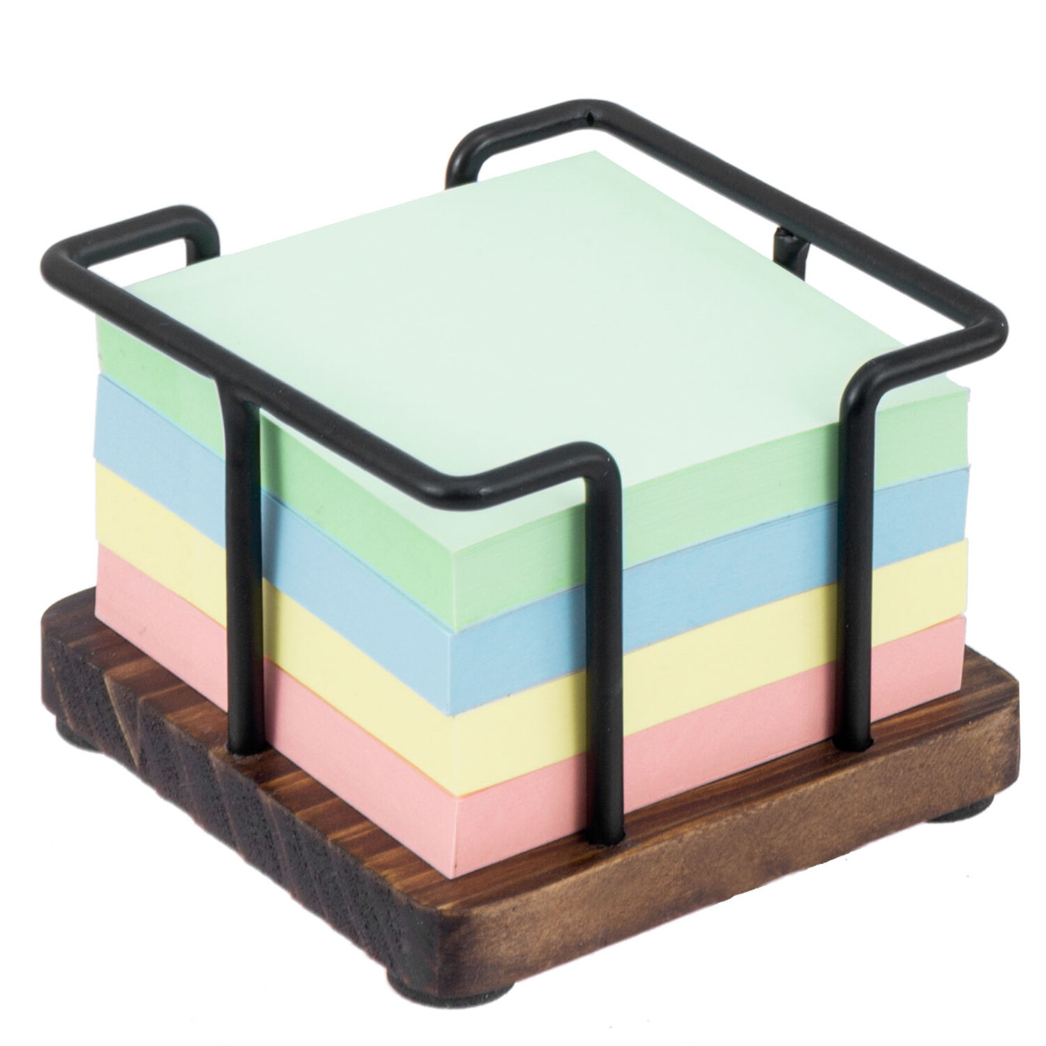 Brown Wood and Black Metal Sticky Note Cube Holder, Memo Pad Storage Dispenser