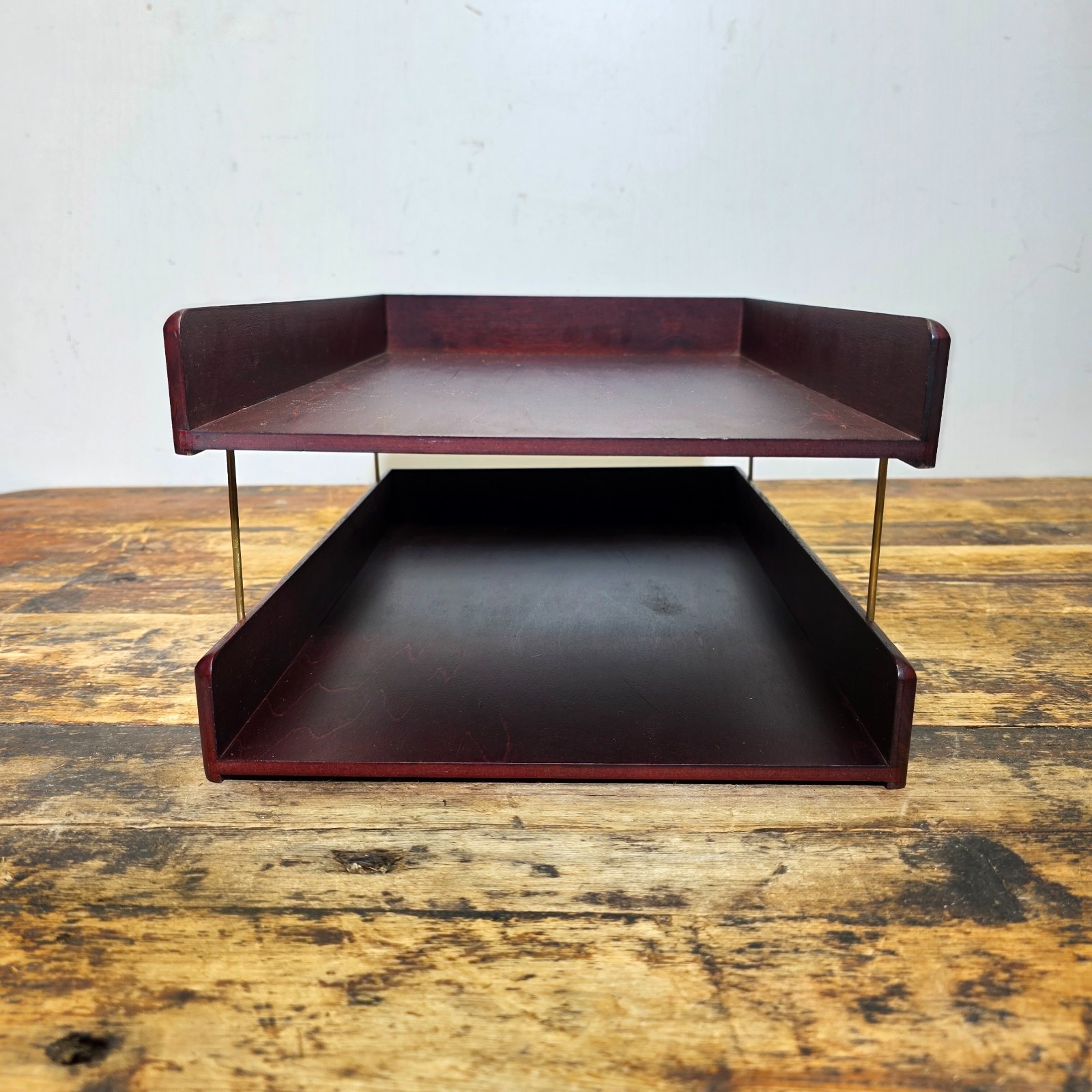 Vintage Carver Wood Products Desk Letter Tray 2 Tier Cherry Oak MCM Damage USA