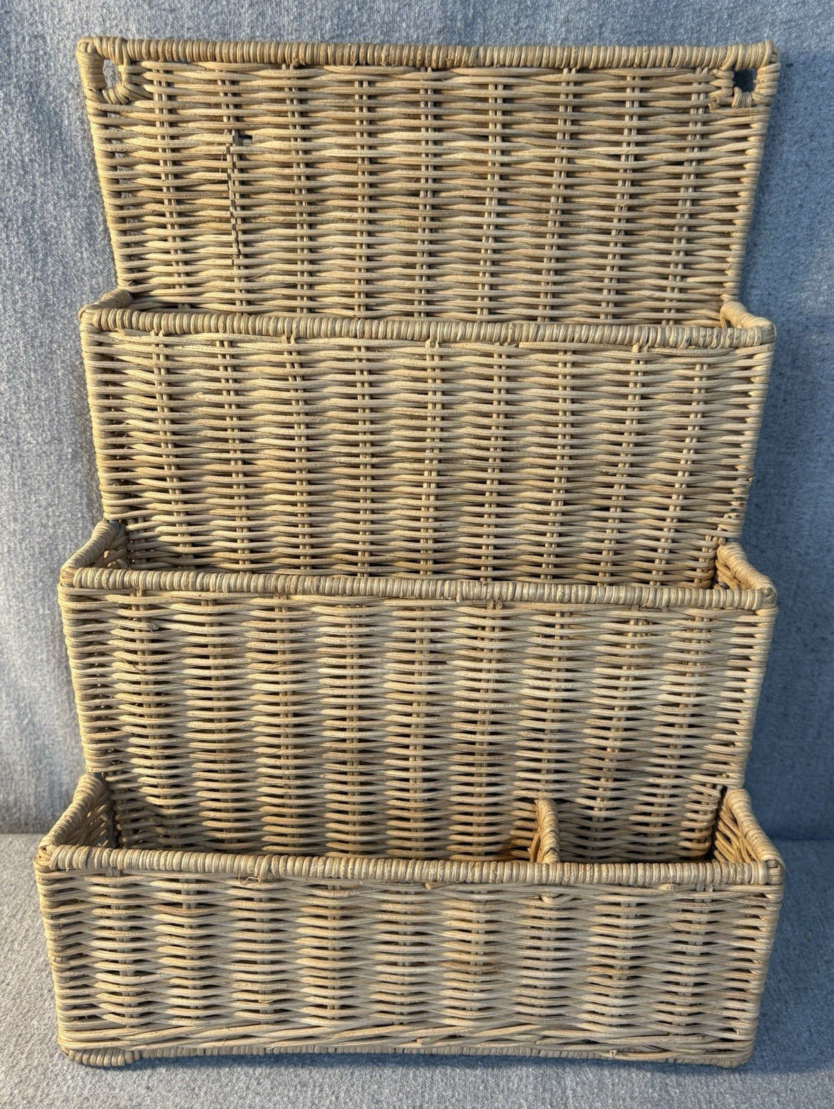 Vintage 4 Slot Wicker Wall Hanging Or Desk Letter Mail Crafts Holder Organizer