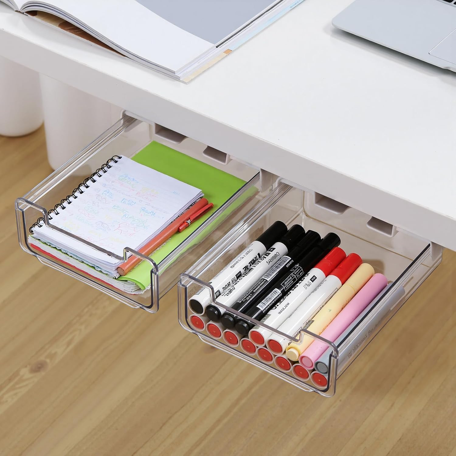 Under Desk Drawer Organizer 2 Pack Hidden Storage Slide Out Self Adhesive Tray