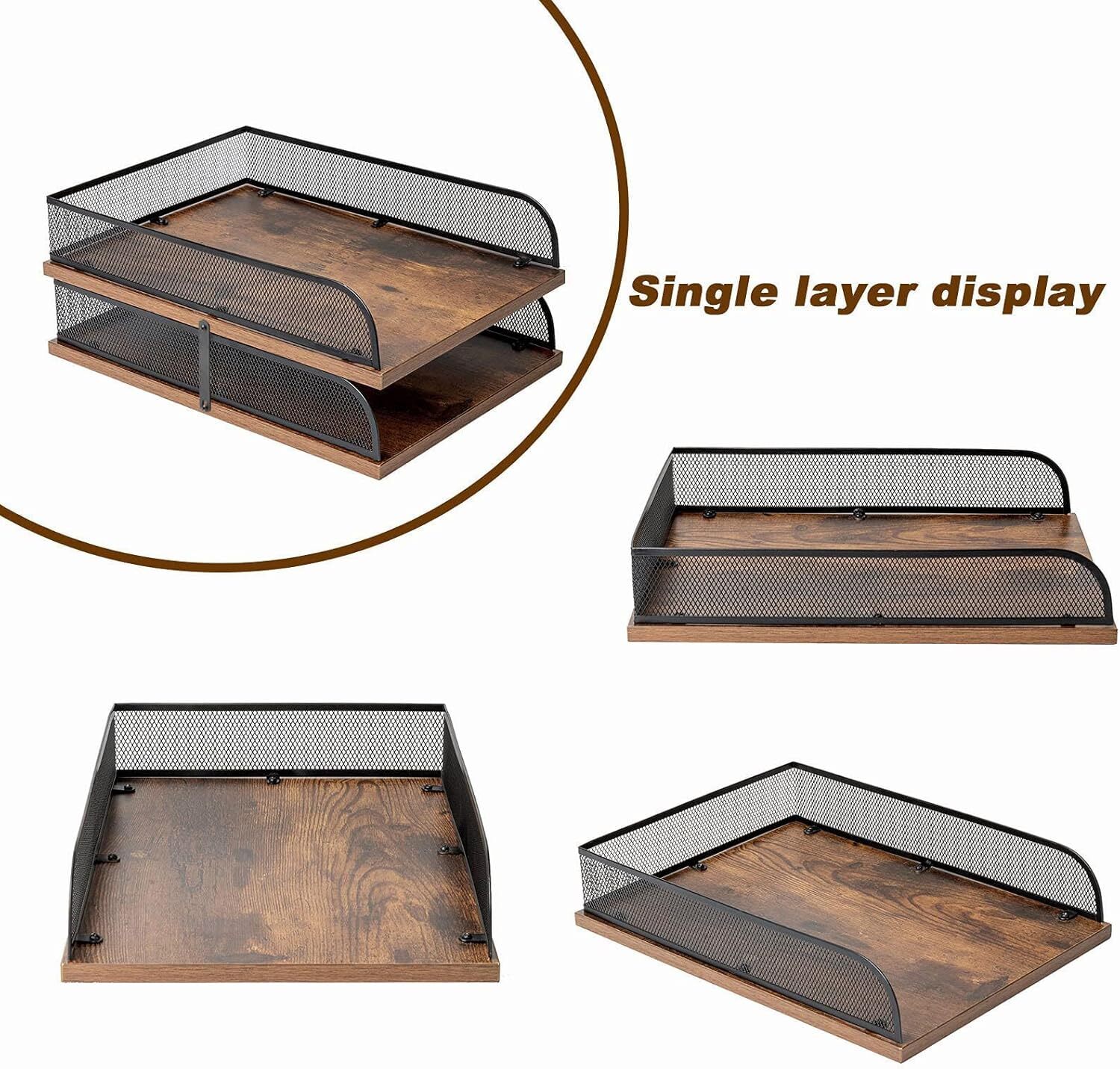 Set of 2 Vintage Wood & Metal Letter Tray，Desk Organizers Paper Tray，Office F…
