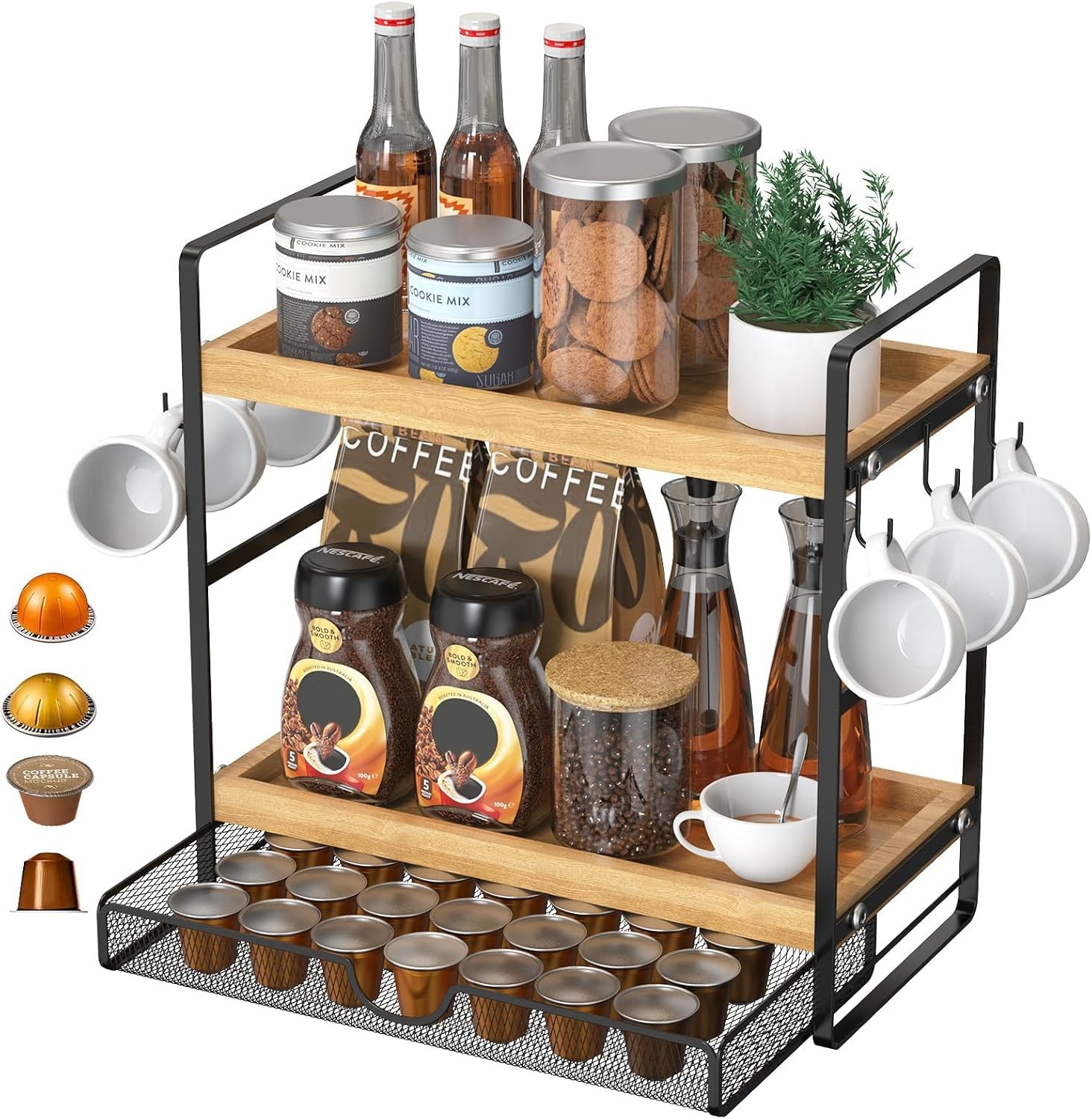 LEMIKKLE Coffee Station Organizer with Pod Holder Large storage, Light Brown