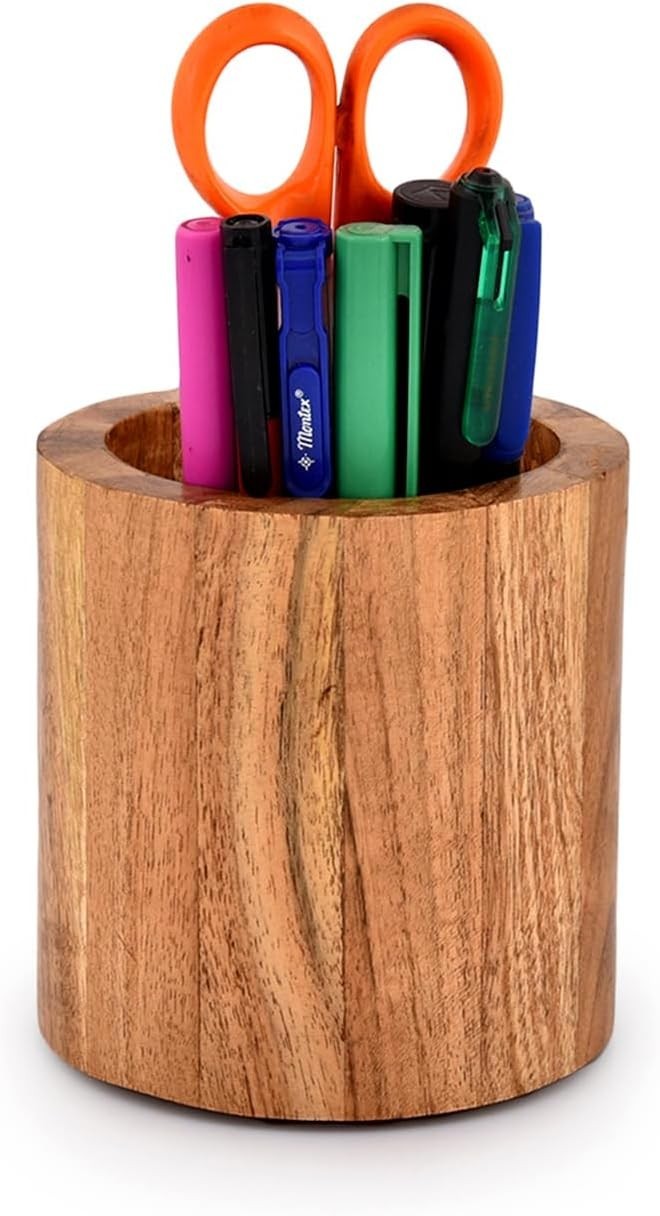 Acacia Wood Pencil/Pen Holder for desk, Round Desktop Organizer for Desk Mult…