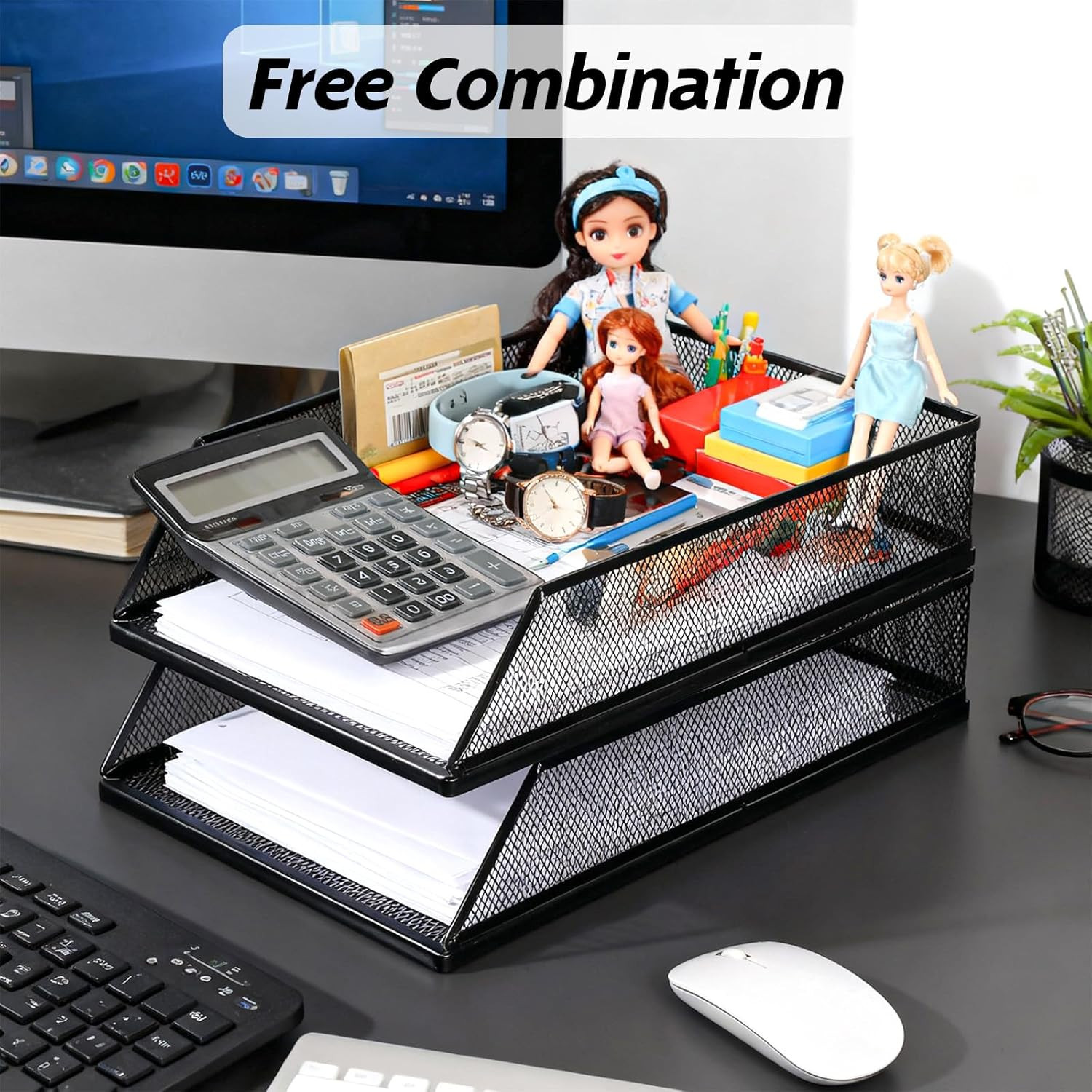 2 Pack 12.8 X 9.84 Inch Black Metal Mesh Letter Tray, Stackable Desk File Organi