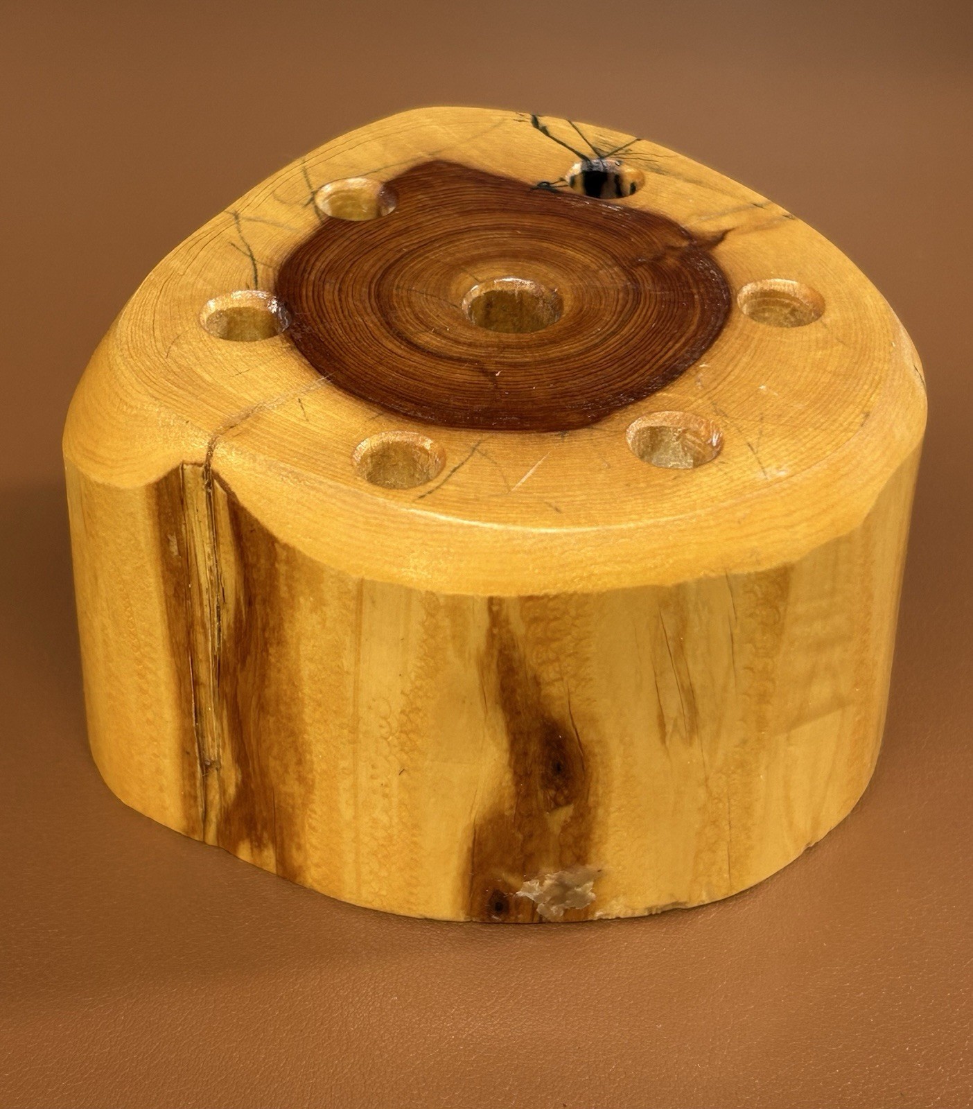 3.5” Handmade Rustic Wood Log Pencil Holder w/ 7 Holes for Desk Wooden