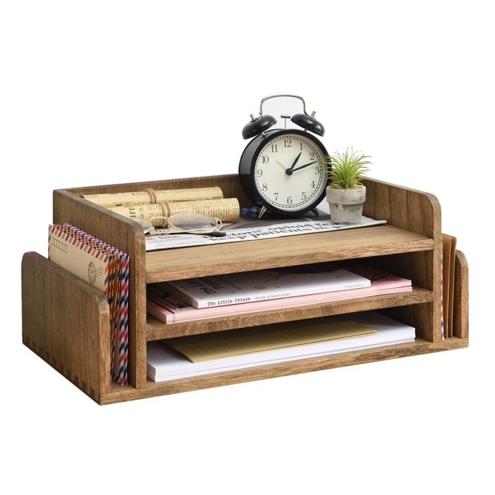 Wood Desk Organizer 5Tray Letter Mail Sorter, Dark Brown