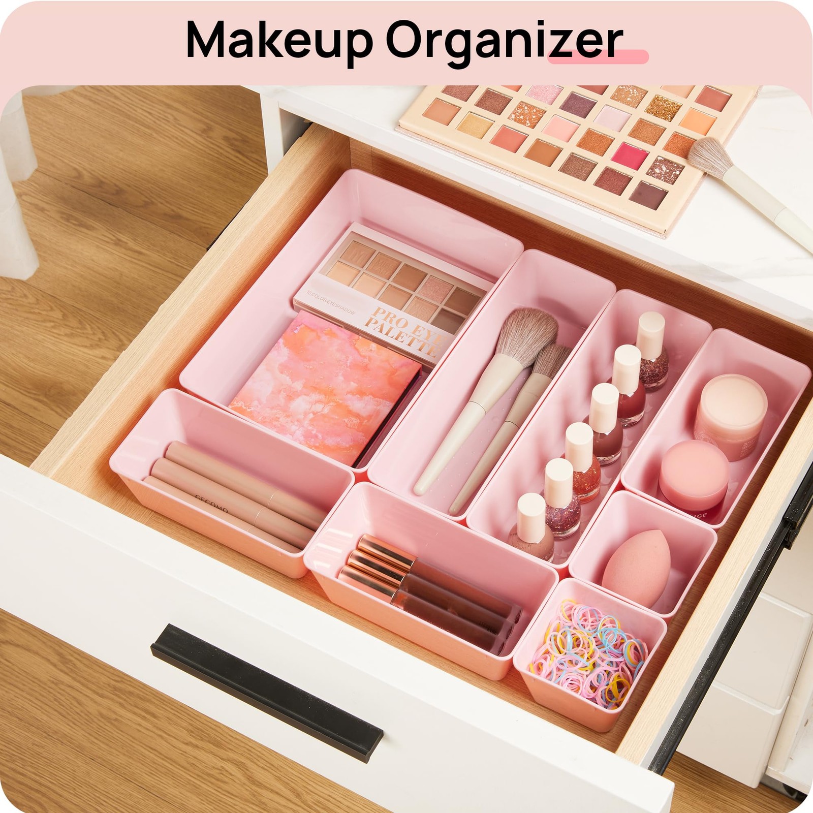 Vtopmart 44 PCS Plastic Drawer Organizers Set, 4-Size Versatile Bathroom Pink