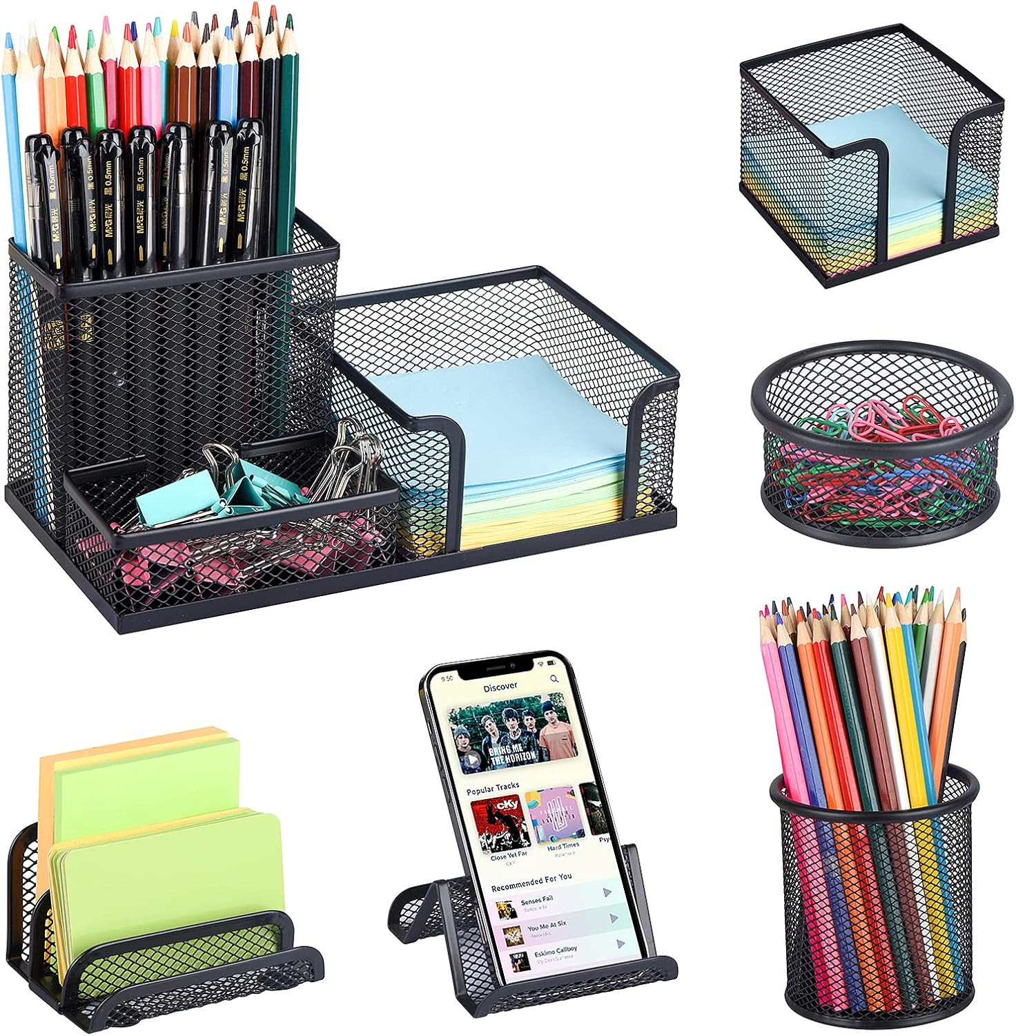Desk Organizers Set with Mesh Pen Holder Cup, 3 Compartments Black Office