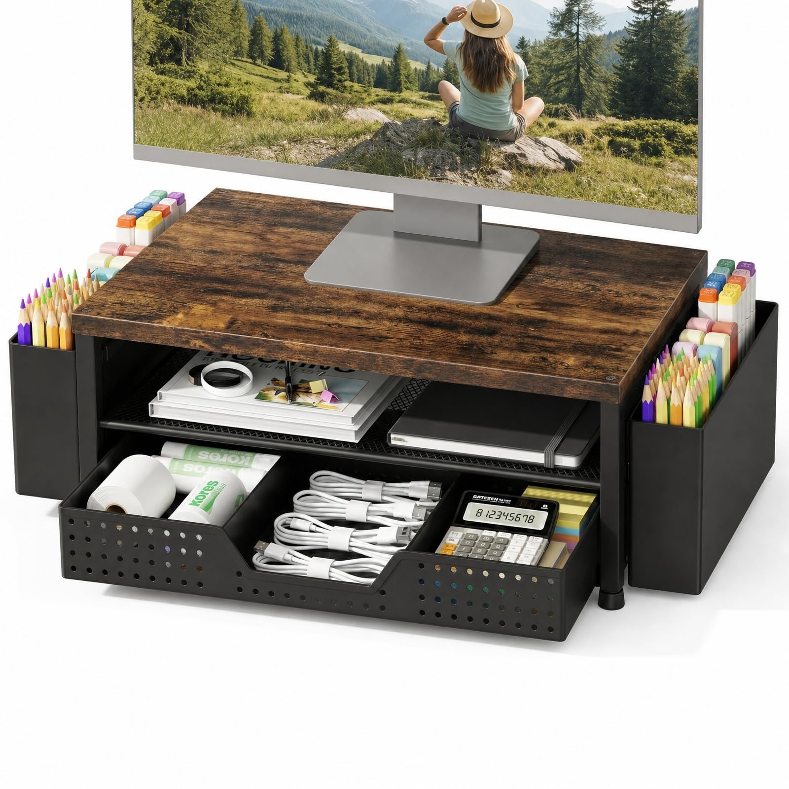 Wood Desk Organizer 2-Tier Monitor Stand Riser with Storage Drawer & Pen Holders
