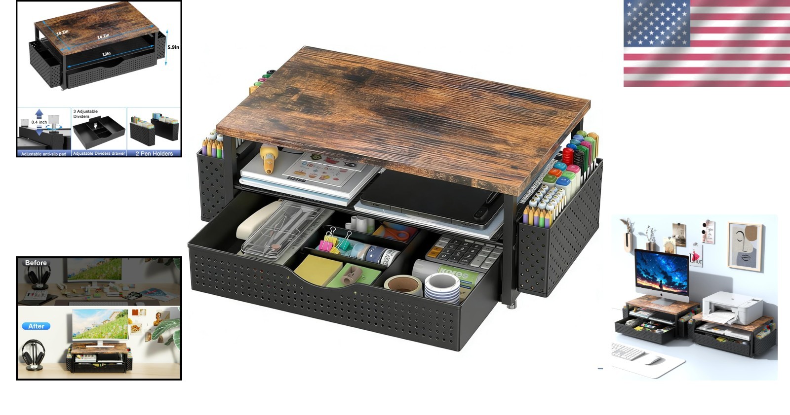 Ergonomic Computer Monitor Stand Riser & Stylish Desk Organizer with Drawer