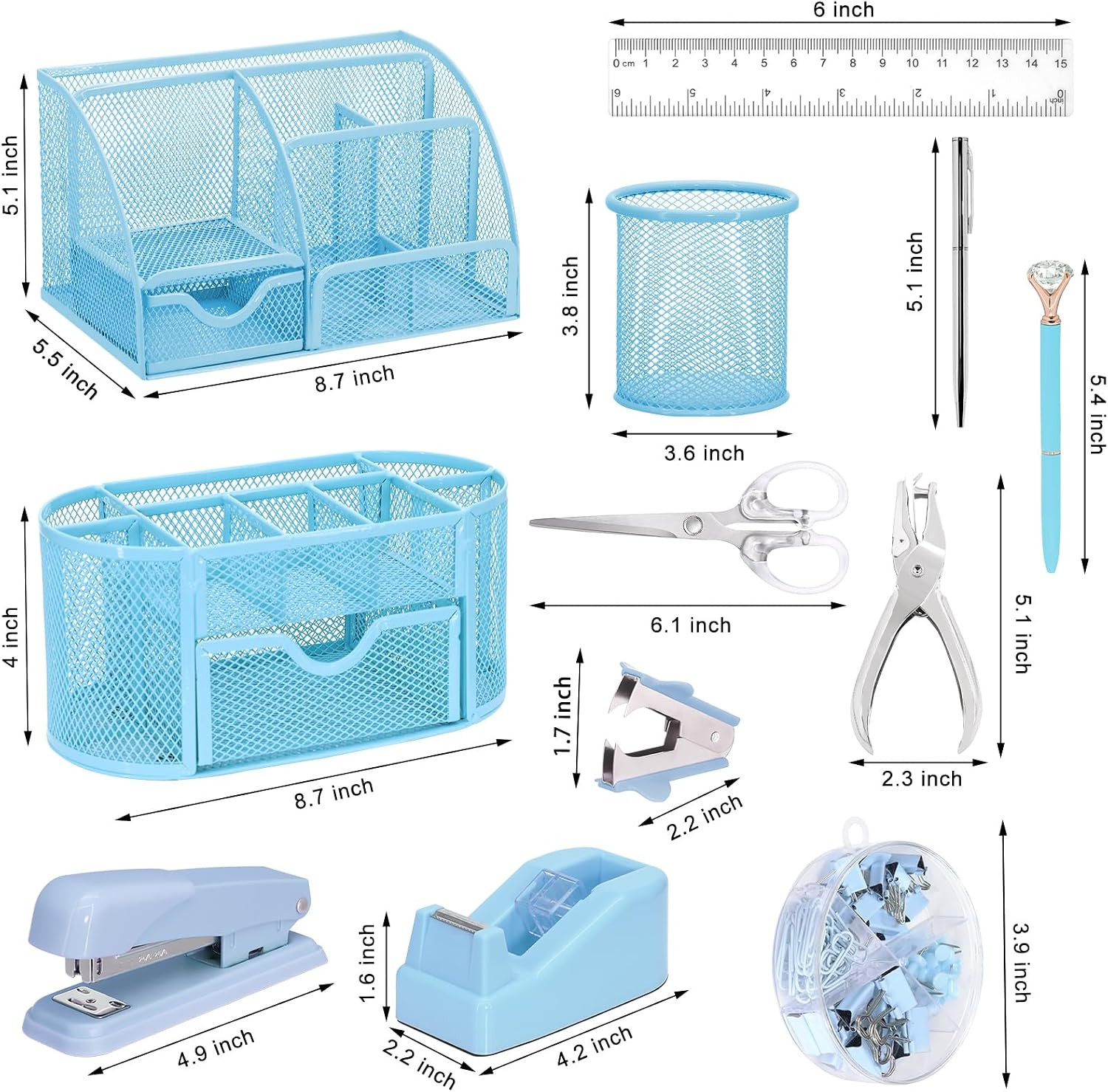 17 in 1 Blue Desk Organizers and Accessories Set, 3 Office Desk Supplies Storage