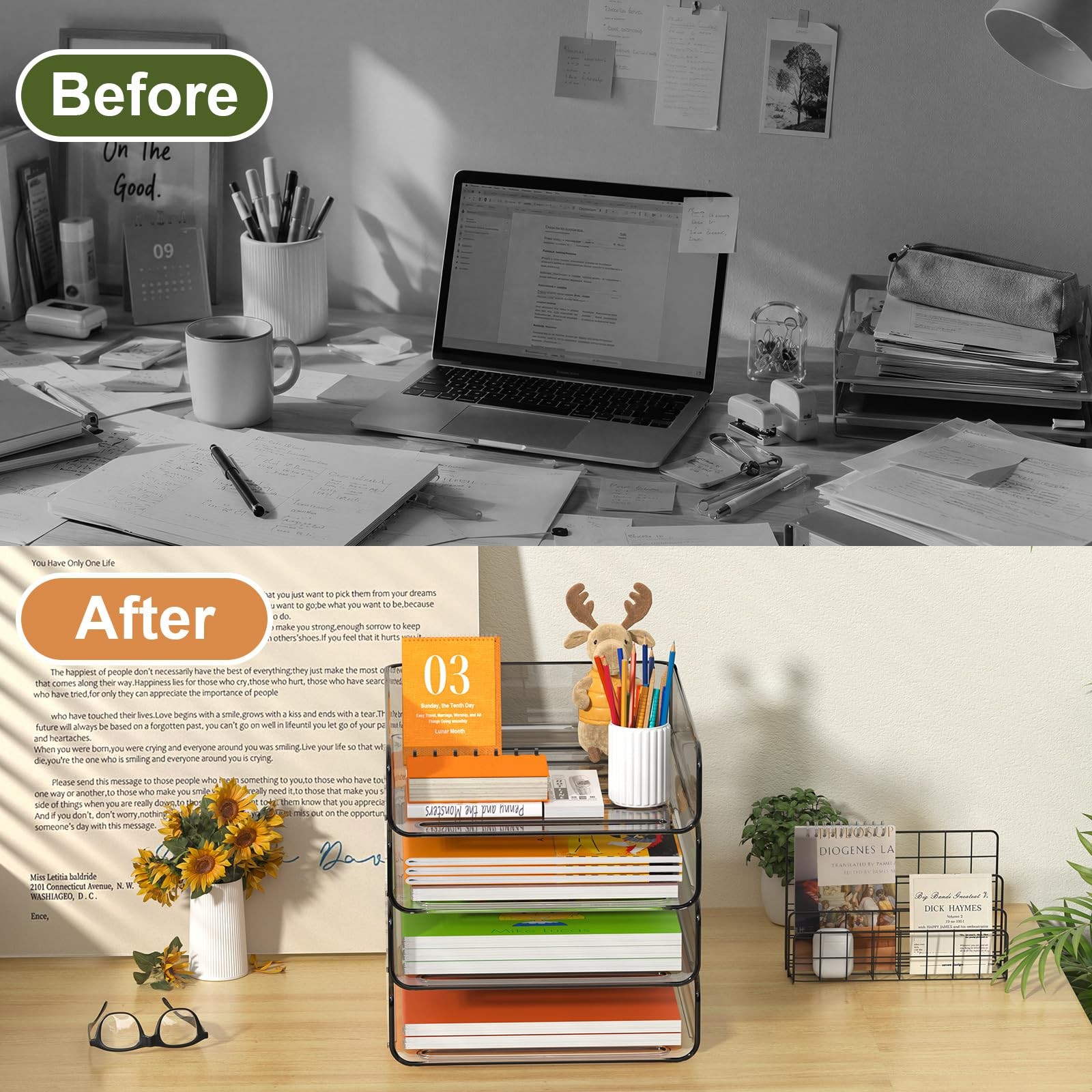 FANXIYQ 4-Tier Acrylic Paper Tray Organizer, Clear & Brown Stackable Desk Org…