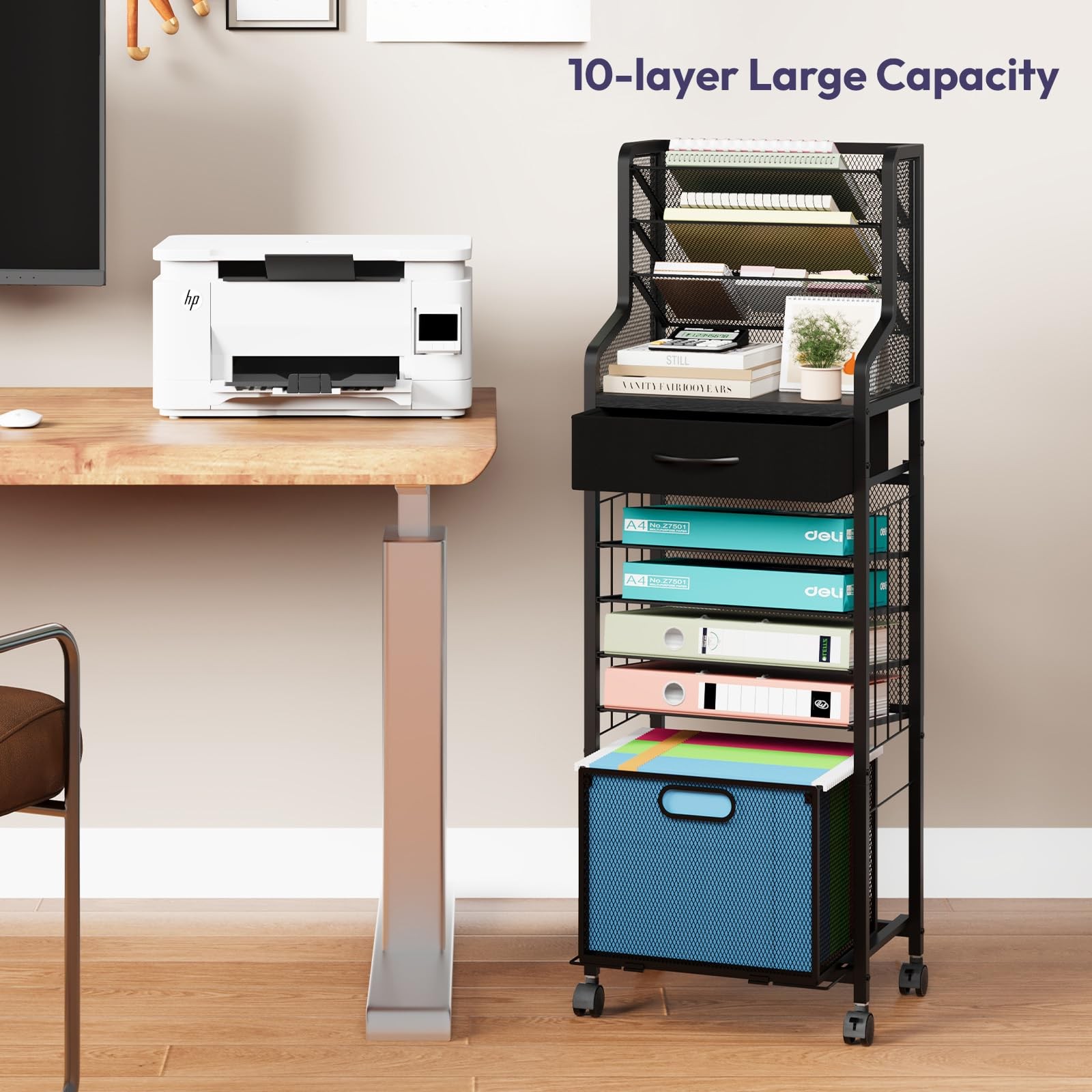 10-Tier Rolling File Cart – Mesh Paper Organizer with Drawer and Hanging File…