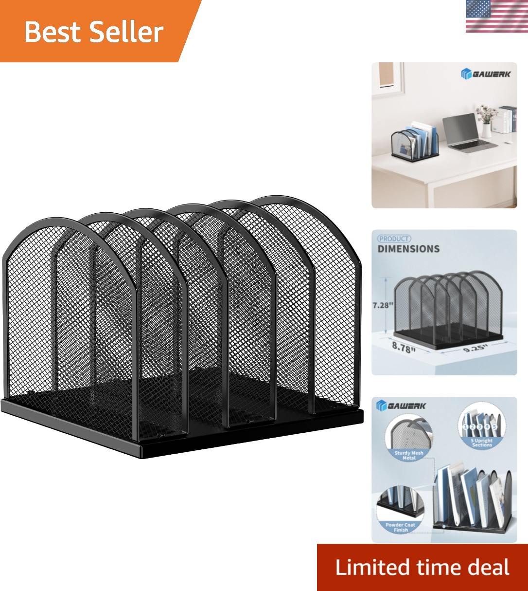 5-Section Vertical Desktop Organizer, 5-Section Mesh File Folder Stand Sorter…