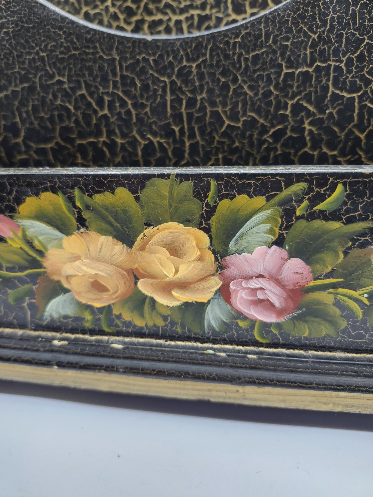 Handpainted Vintage Desk Organizer Rose Maling Wooden W/brass Feet