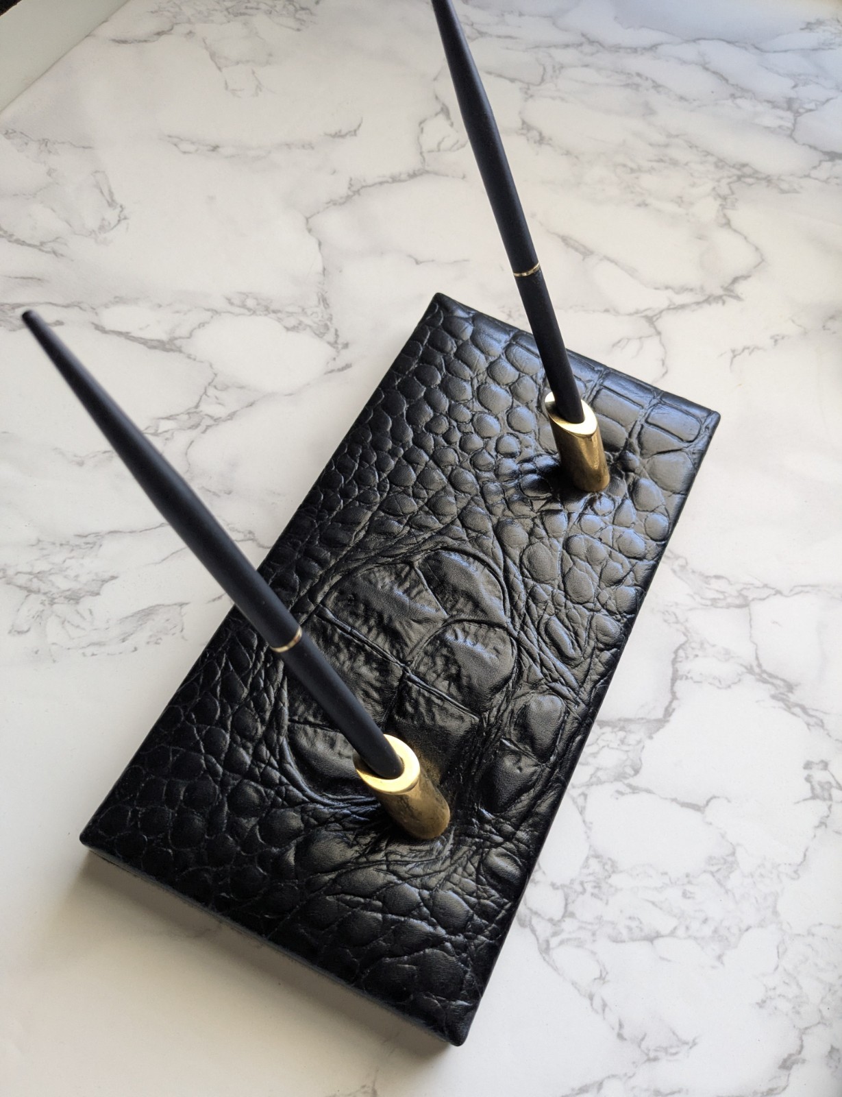 Majorca Black Croc Embossed Leather Desk Set Gold Letter Holder Pen Pencil…