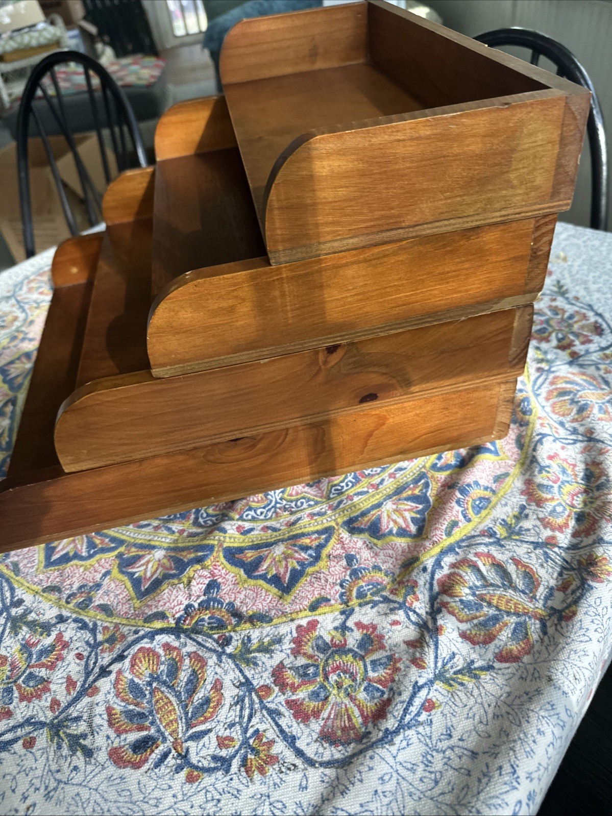 Vintage Wood Paper Letter Tray Holder Stackable Organizer Office