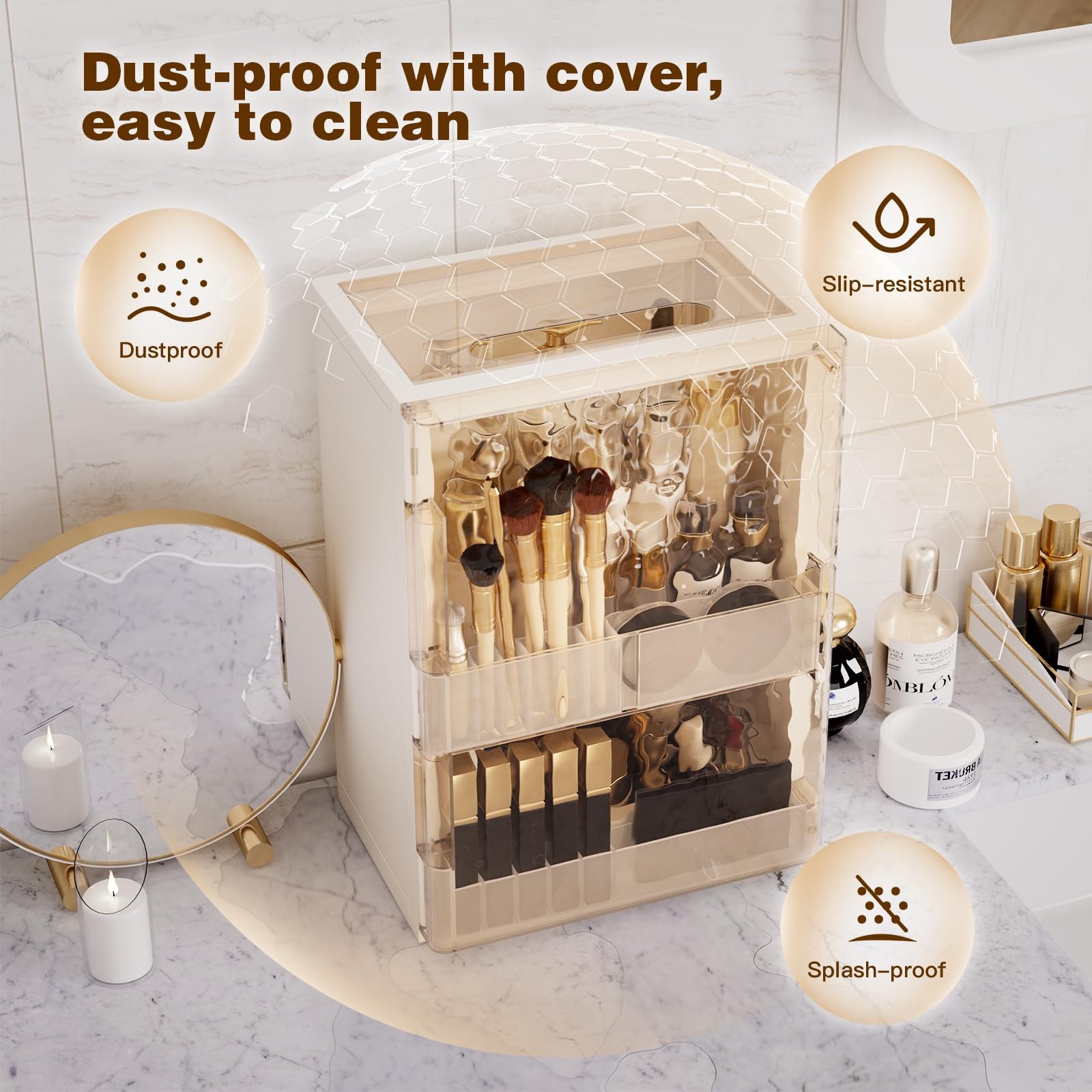 AERCIINC Makeup Organizer with Drawers and Lid, 9.9”L × 7.3”W × 7.9”H, White